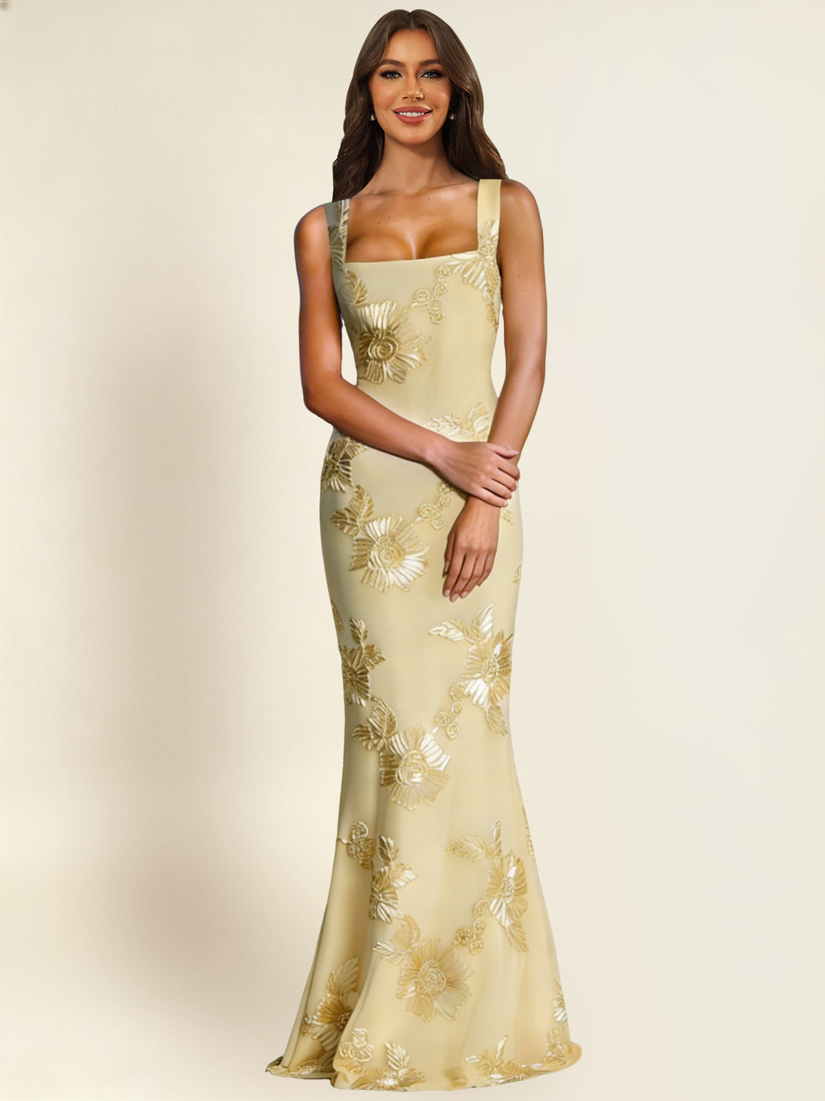 ROVDESY Square Neck Floral Applique Mermaid Long Prom/Bridesmaid Dress