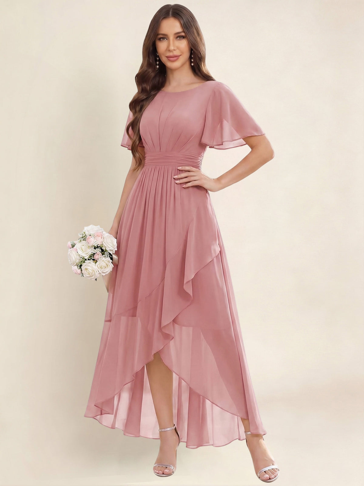 ROVDESY A-Line High Low Round Neck Pleated Ruffle Chiffon Bridesmaid Dress With Short Sleeves