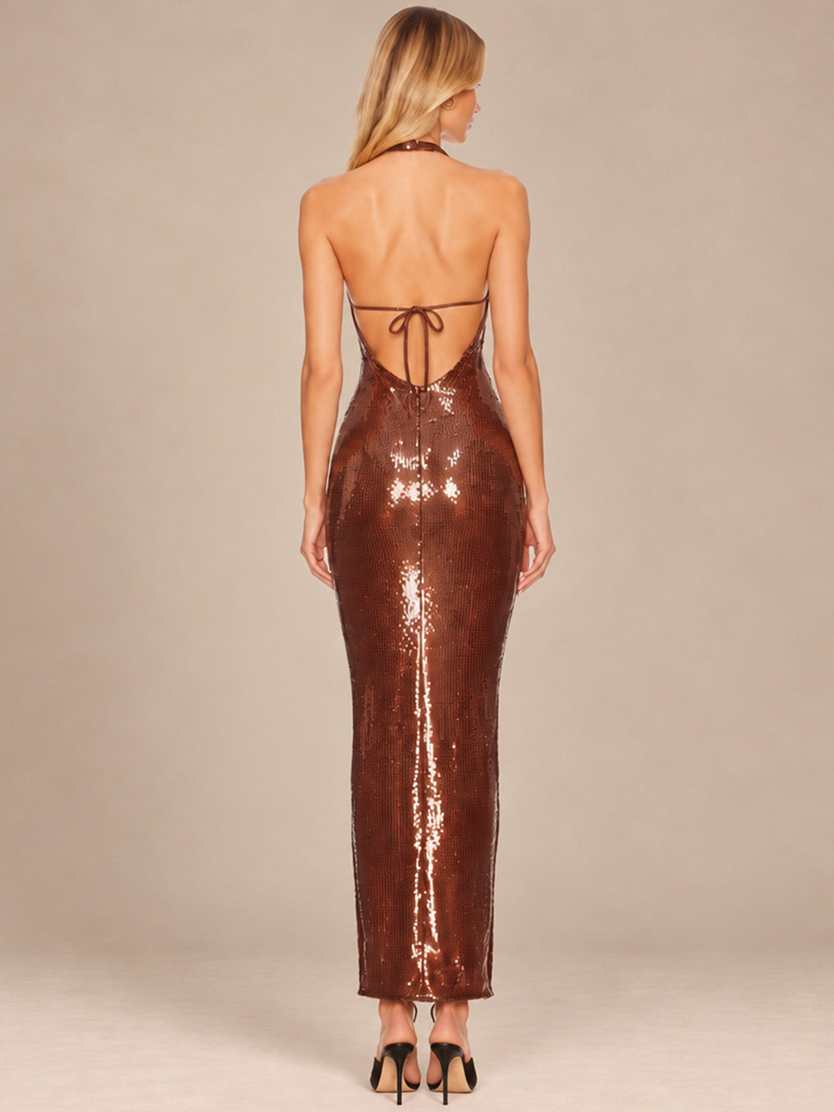 Halter Sequin Midi Bodycon Evening Dress with Open Back Tie