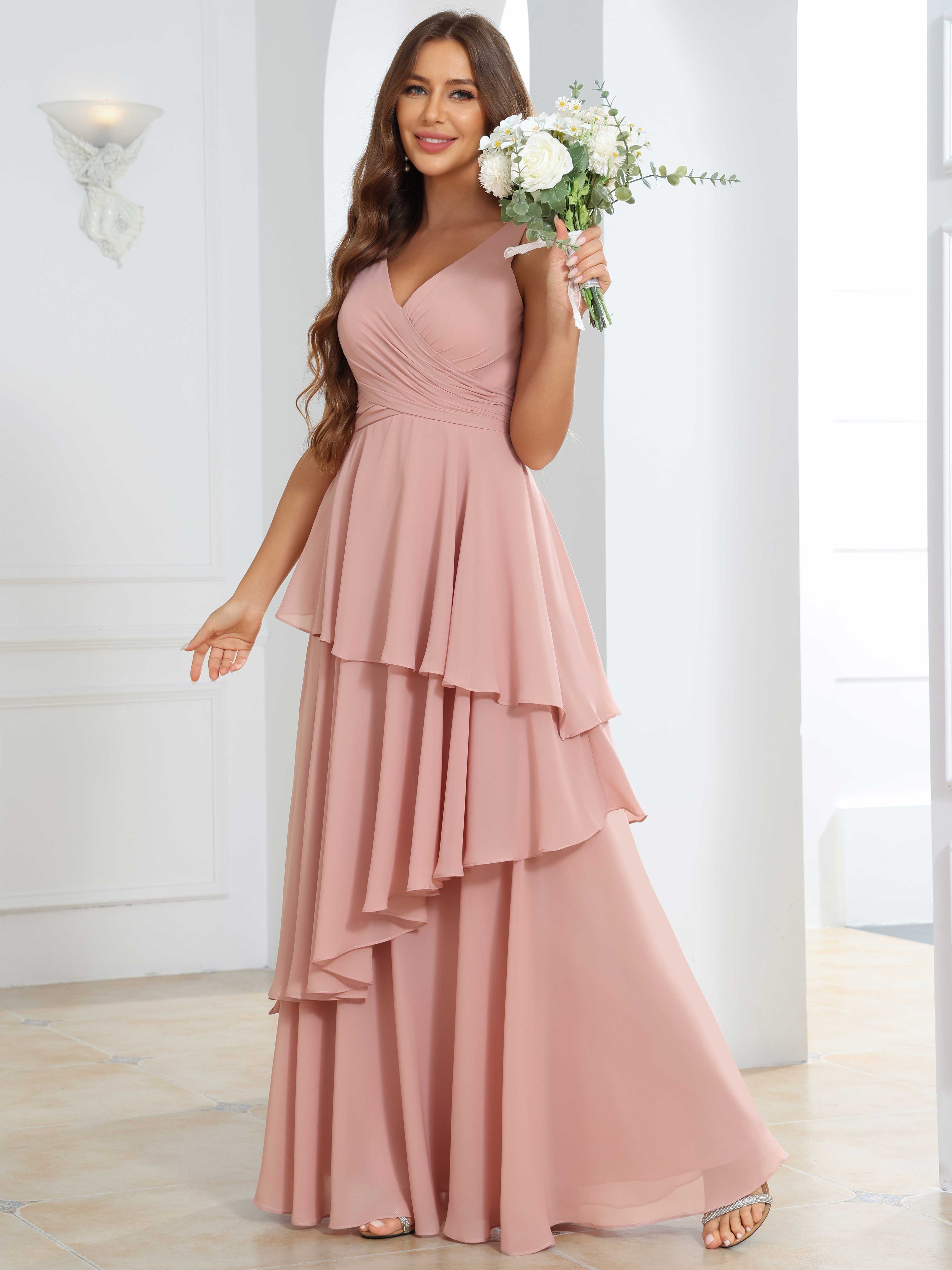 ROVDESY Long Sleeveless V-Neck Tiered Pleated Chiffon Bridesmaid Dress