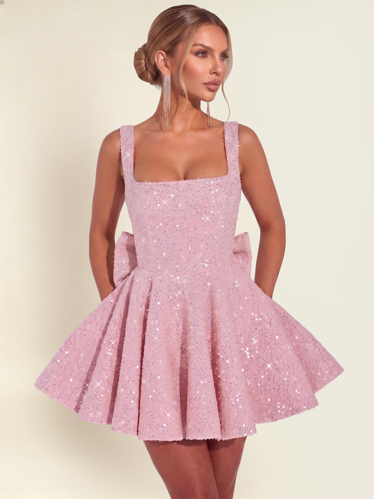 ROVDESY Sparkly Sequin A-Line Square Neck Homecoming Mini Dress With Big Bow