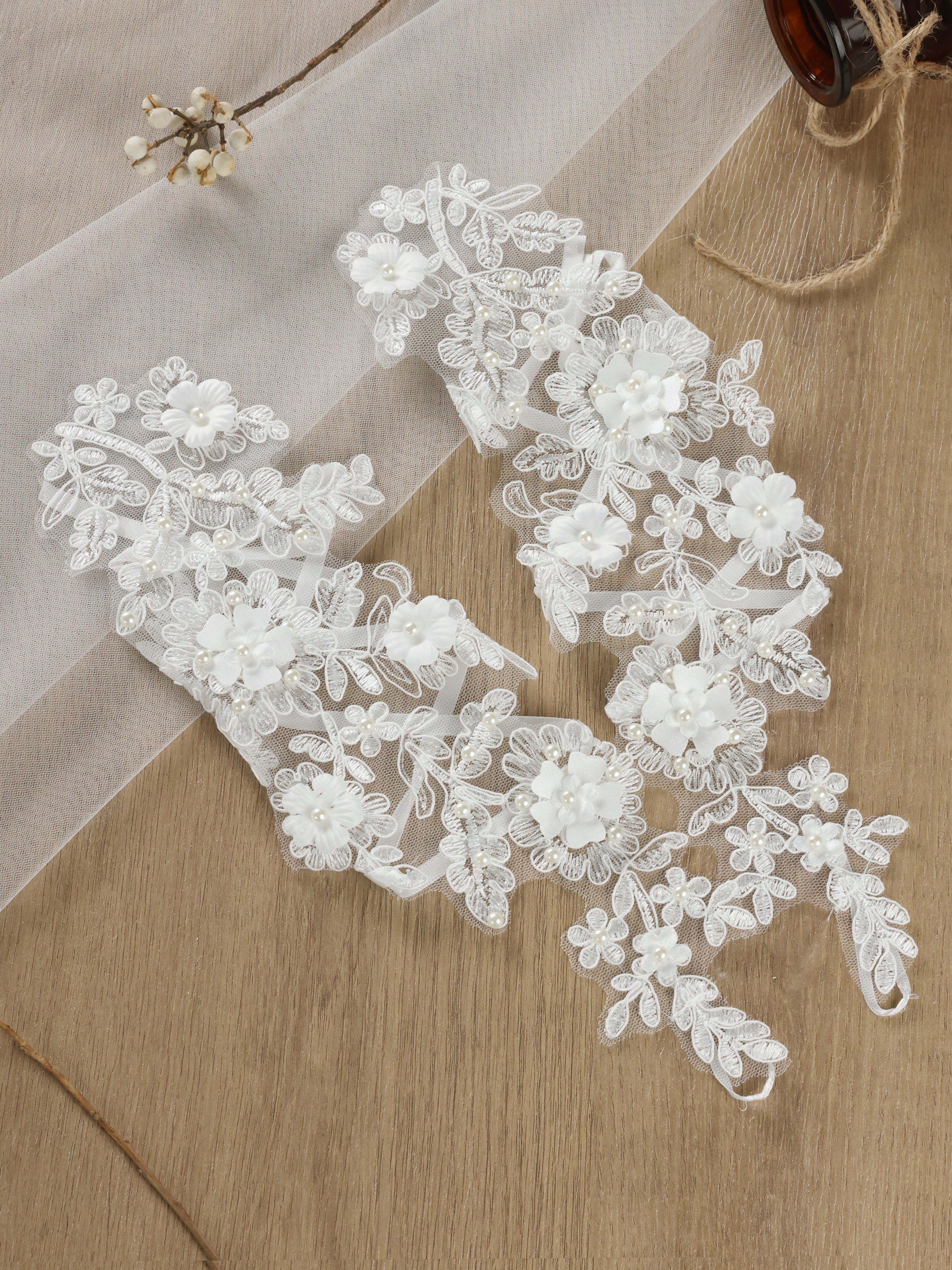 ROVDESY Romantic Floral Lace Sheer Bridal Gloves with Pearl Accents