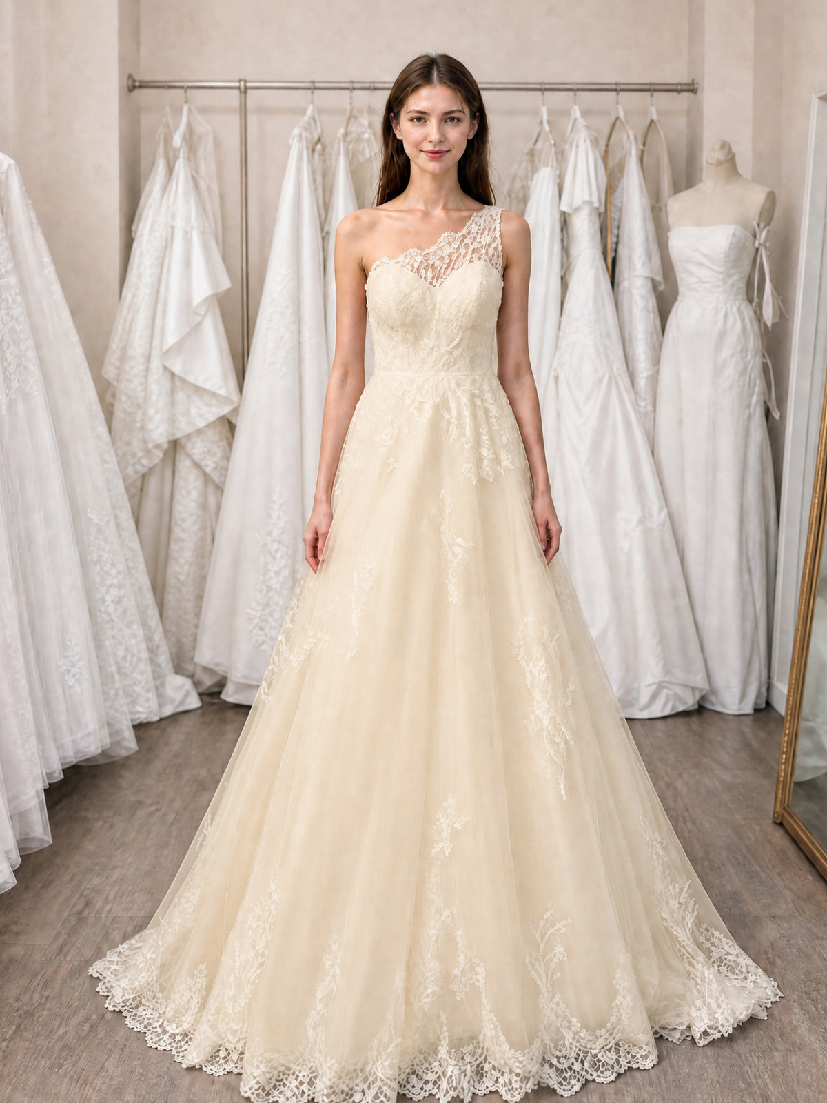One Shoulder Lace A-Line Tulle Wedding Dress Bridal Gown