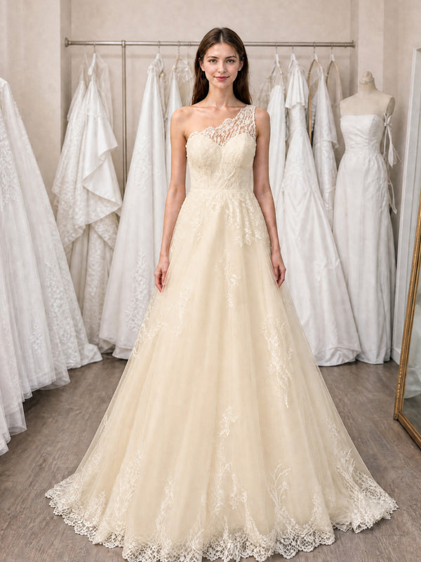 One Shoulder Lace A-Line Tulle Wedding Dress Bridal Gown