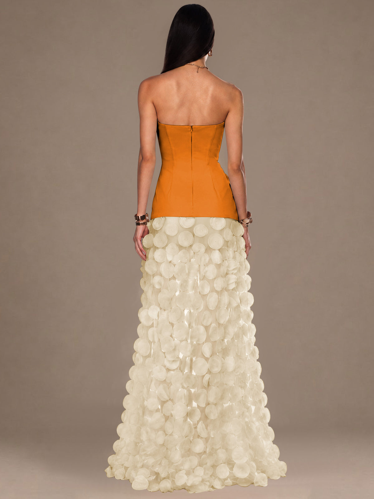 Strapless Contrast 3D Circle Applique Maxi Evening Gown