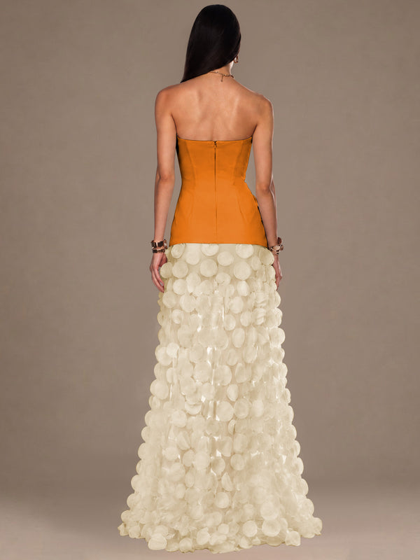 Strapless Contrast 3D Circle Applique Maxi Evening Gown