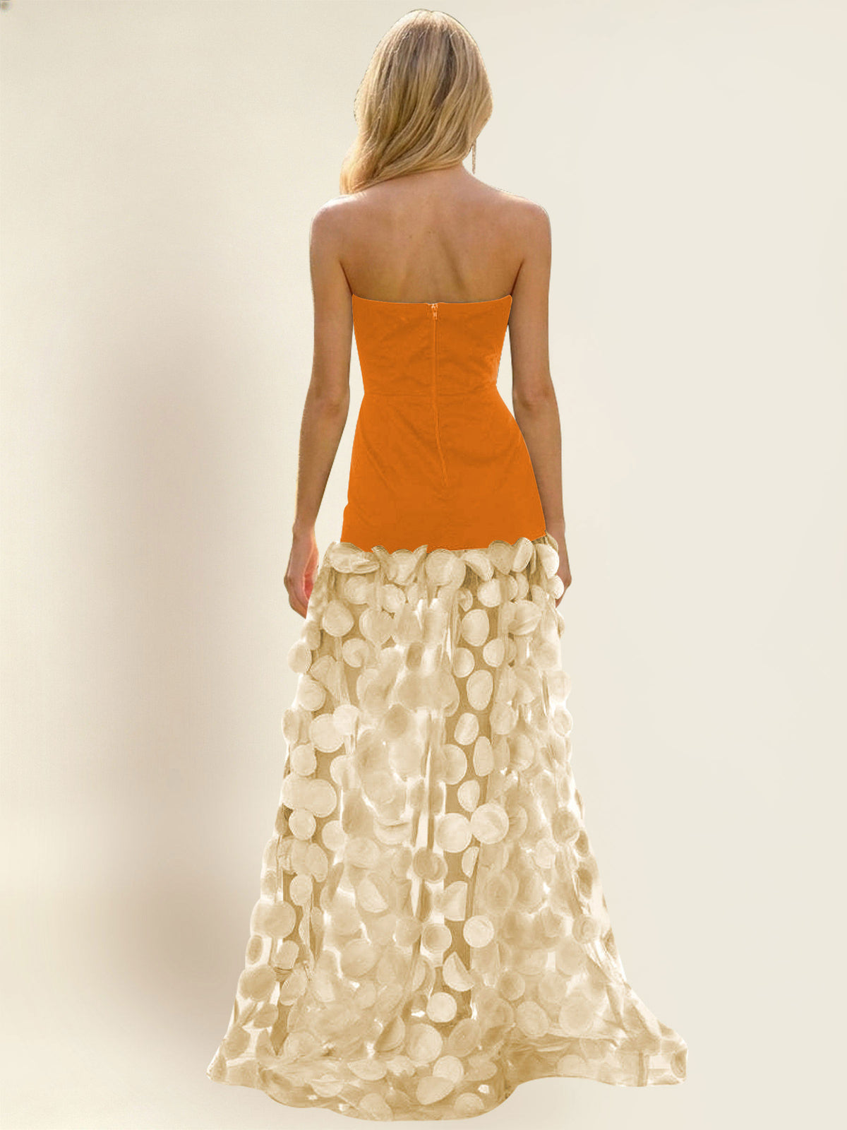 Strapless Contrast 3D Circle Applique Maxi Evening Gown