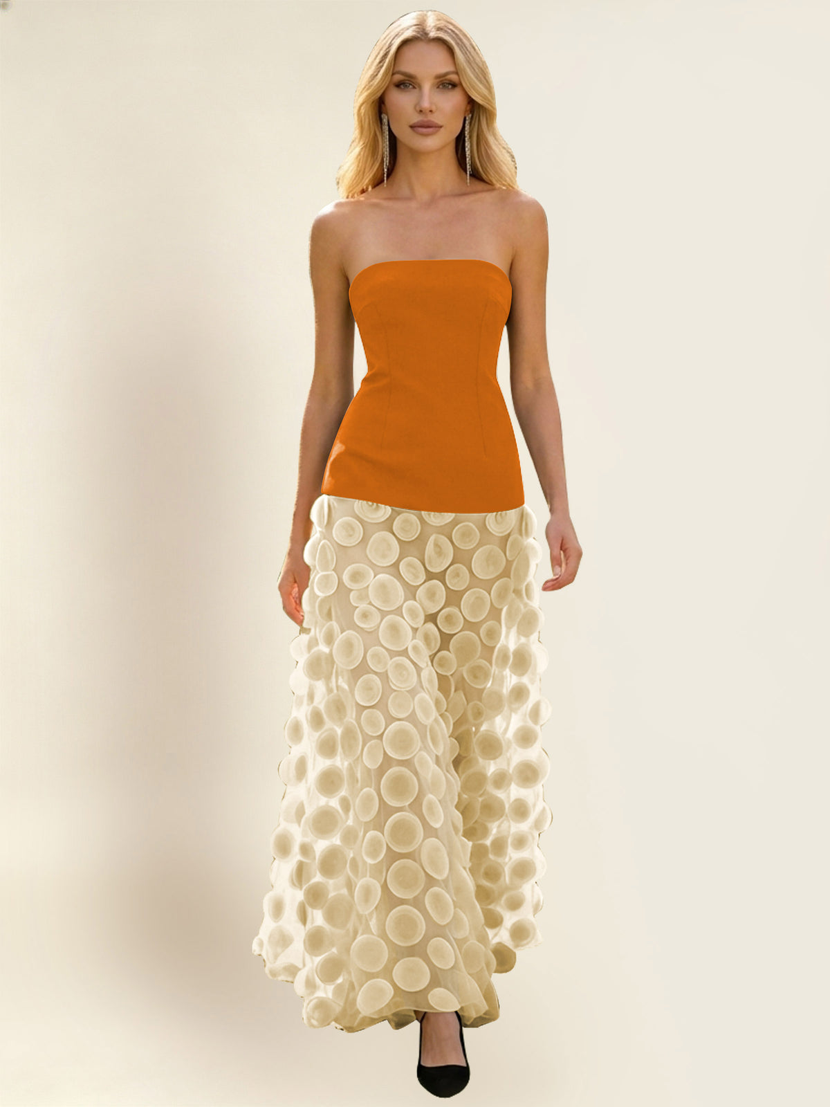 Strapless Contrast 3D Circle Applique Maxi Evening Gown
