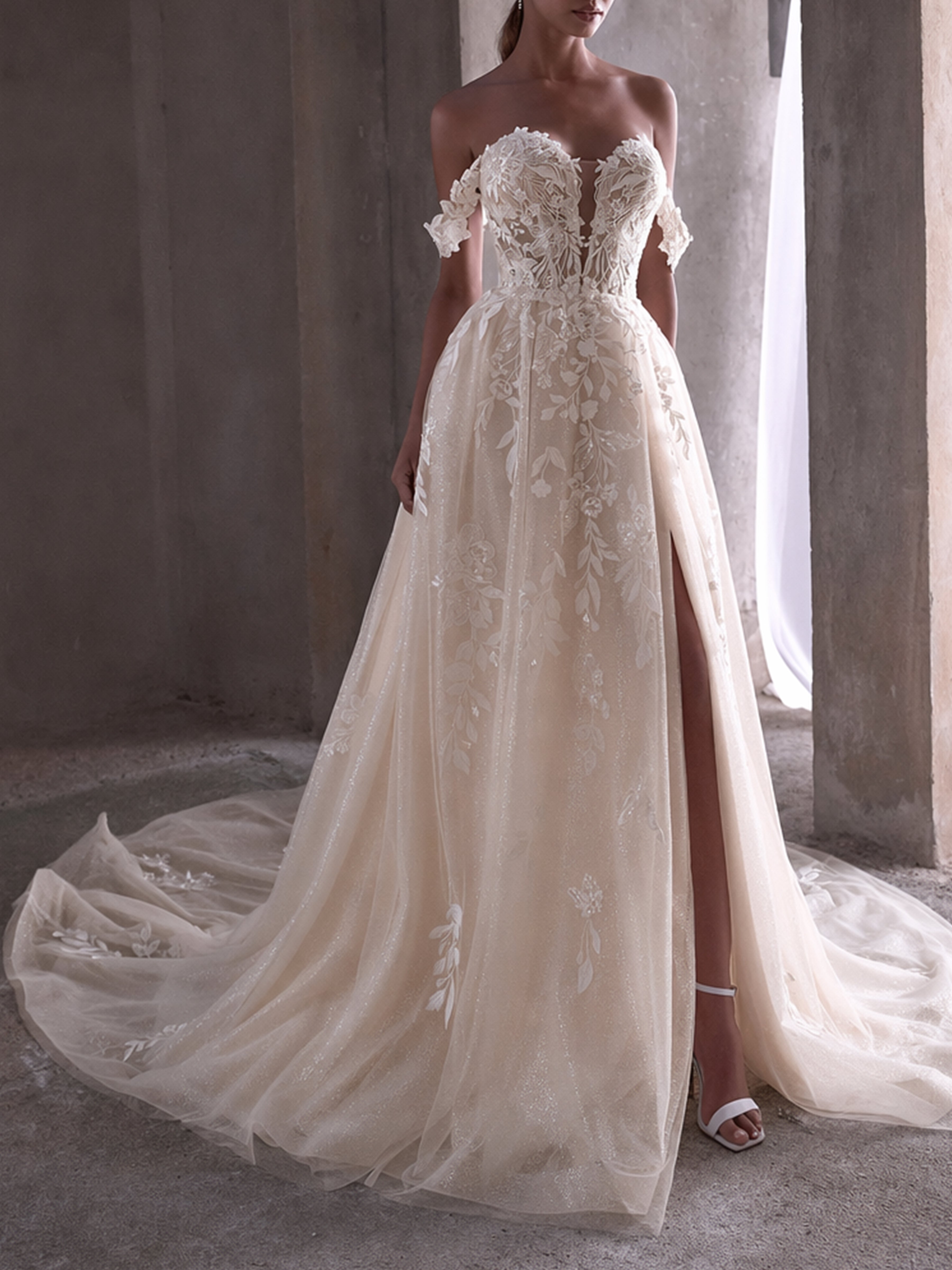 ROVDESY  Off The Shoulder A-Line Sweetheart Lace Wedding Dress Bridal Gown With Slit