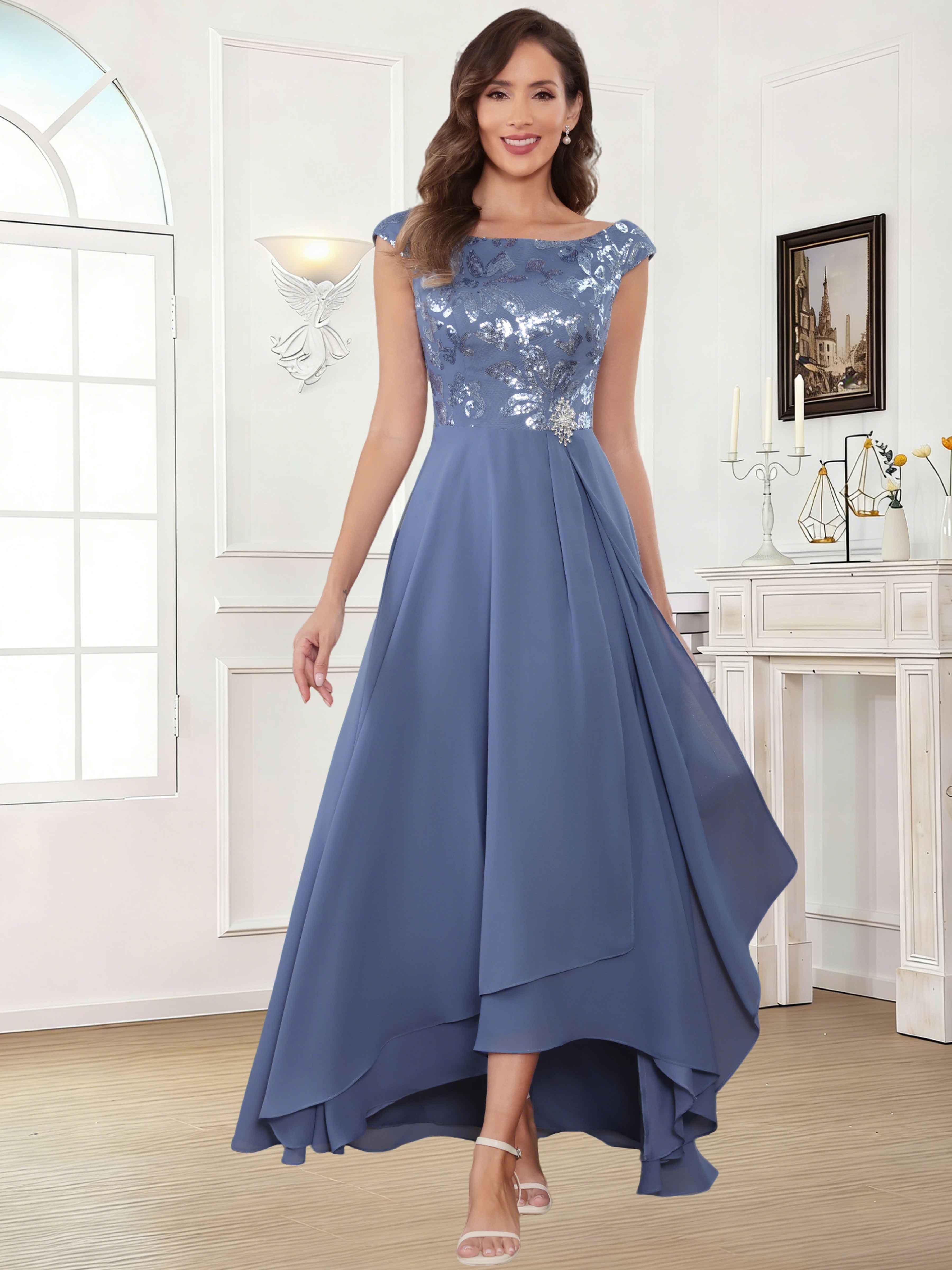 ROVDESY Tea Length Off-The-Shoulder Sequin Chiffon Mother Of The Bride Dress