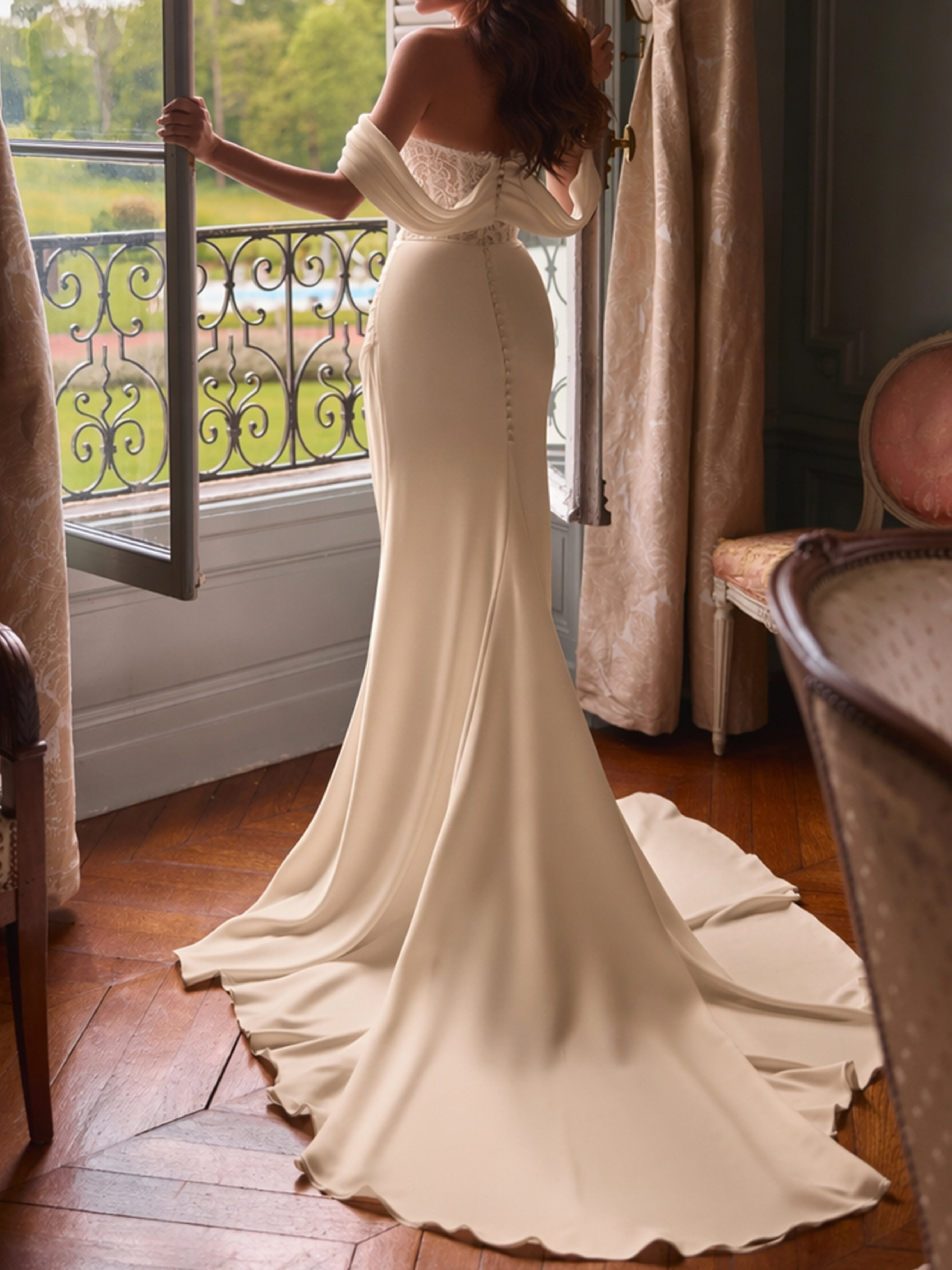 ROVDESY Off The Shoulder Long Sleeve Lace Mermaid Wedding Dress Bridal Gown With Slit