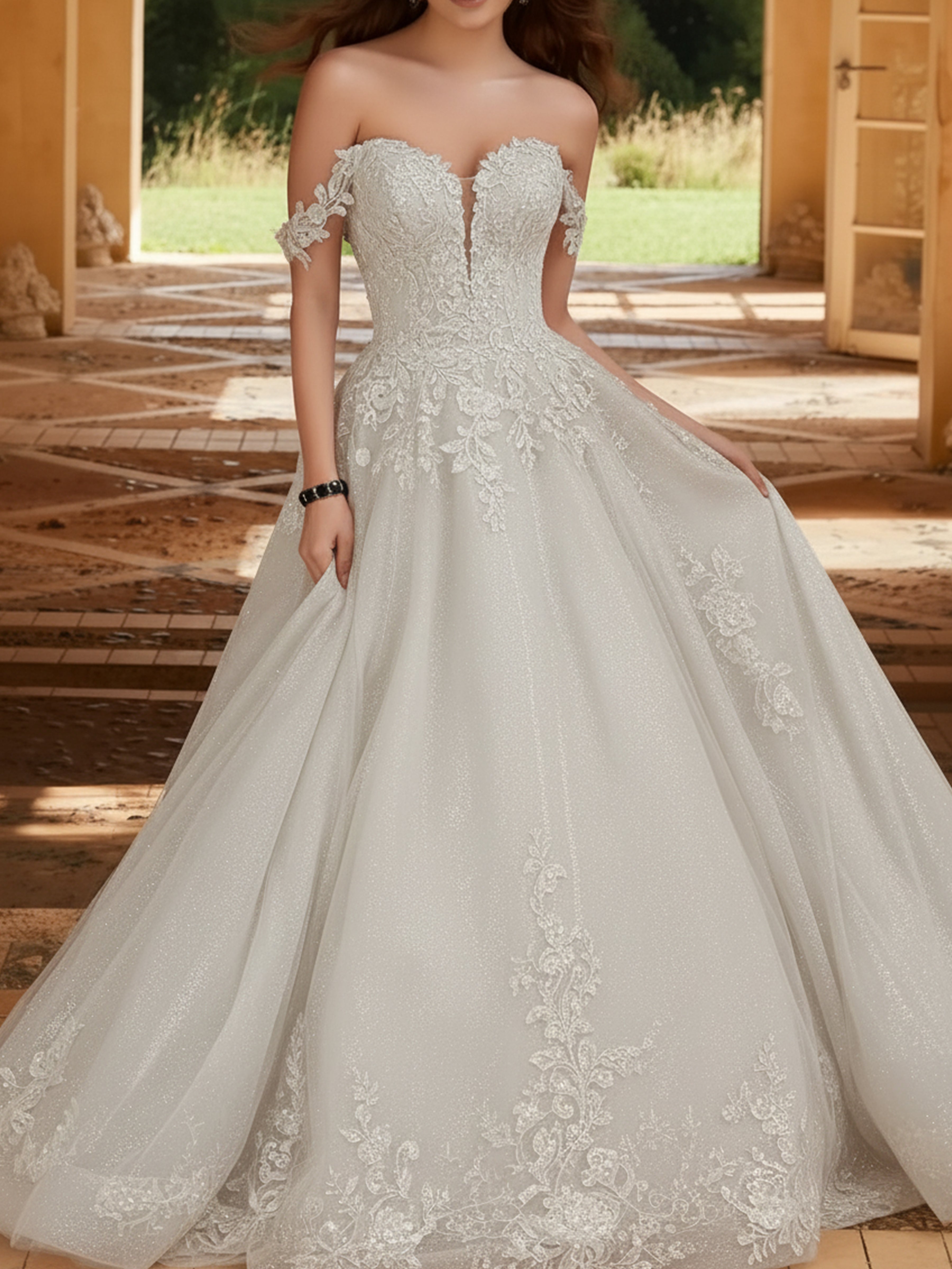 ROVDESY Off The Shoulder Sweetheart Lace Ball Gown Wedding  Dress Bridal Gown With Train