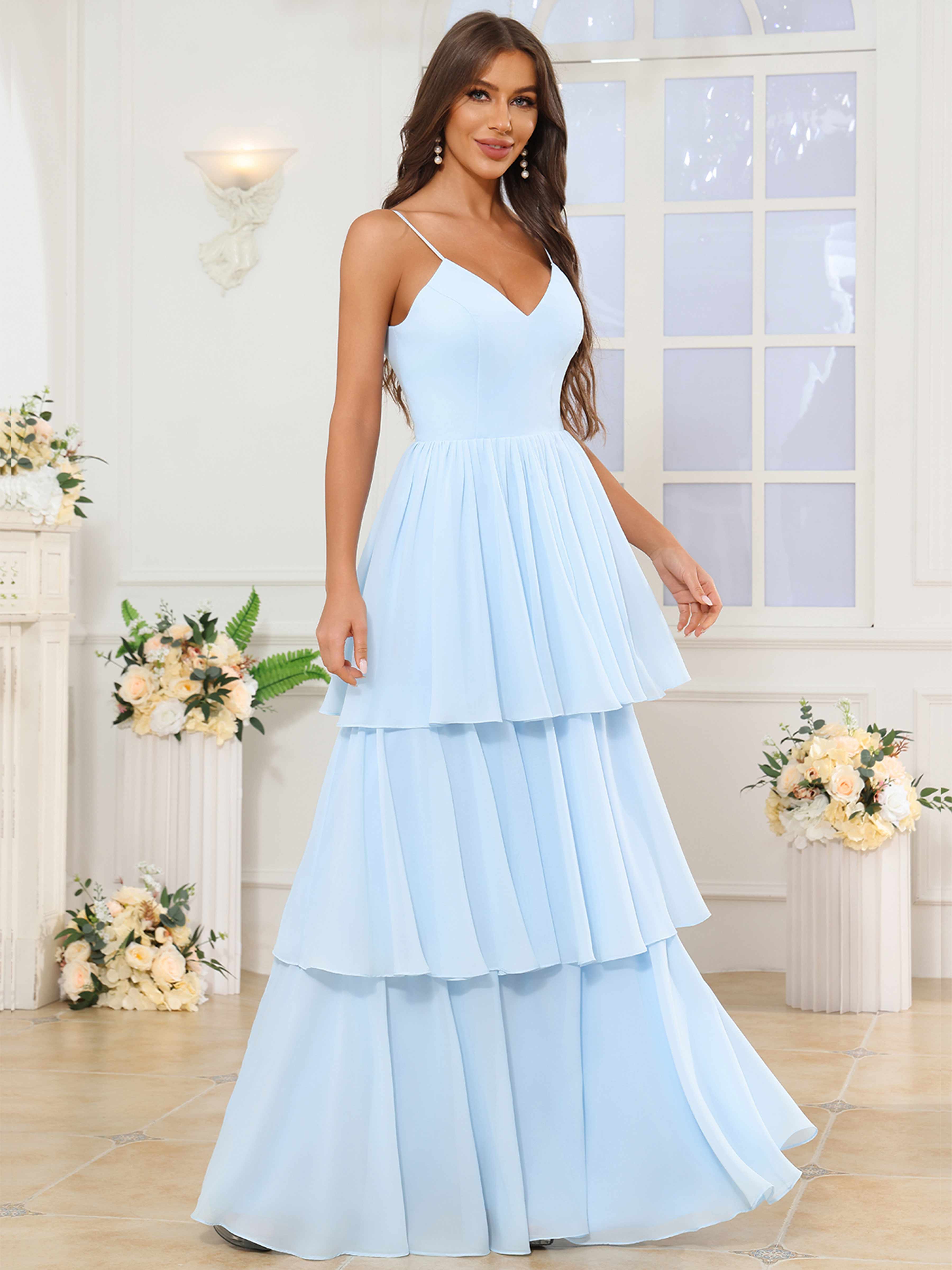 ROVDESY V-Neck Spaghetti Straps Tiered Chiffon Bridesmaid Dress With Ruffles