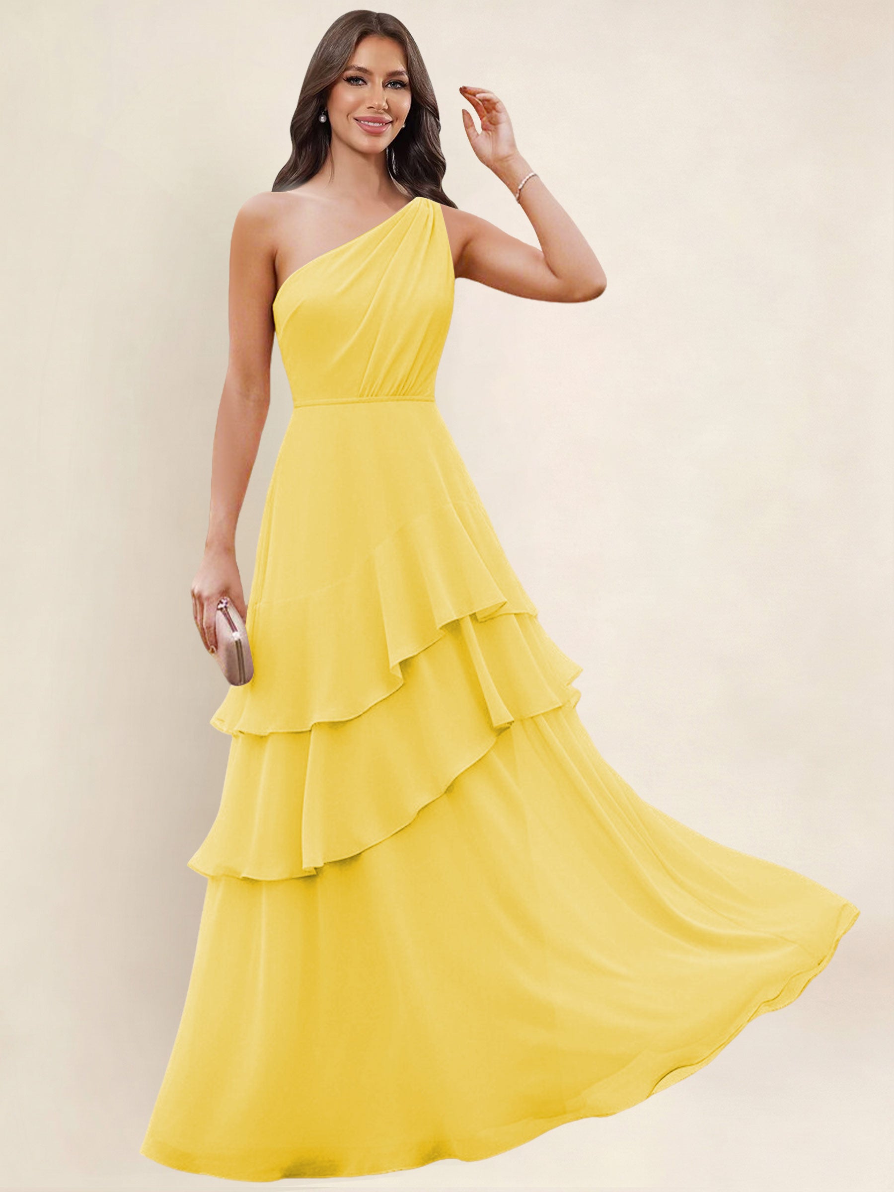 ROVDESY A-Line One Shoulder Pleated Tiered Chiffon Bridesmaid Dress