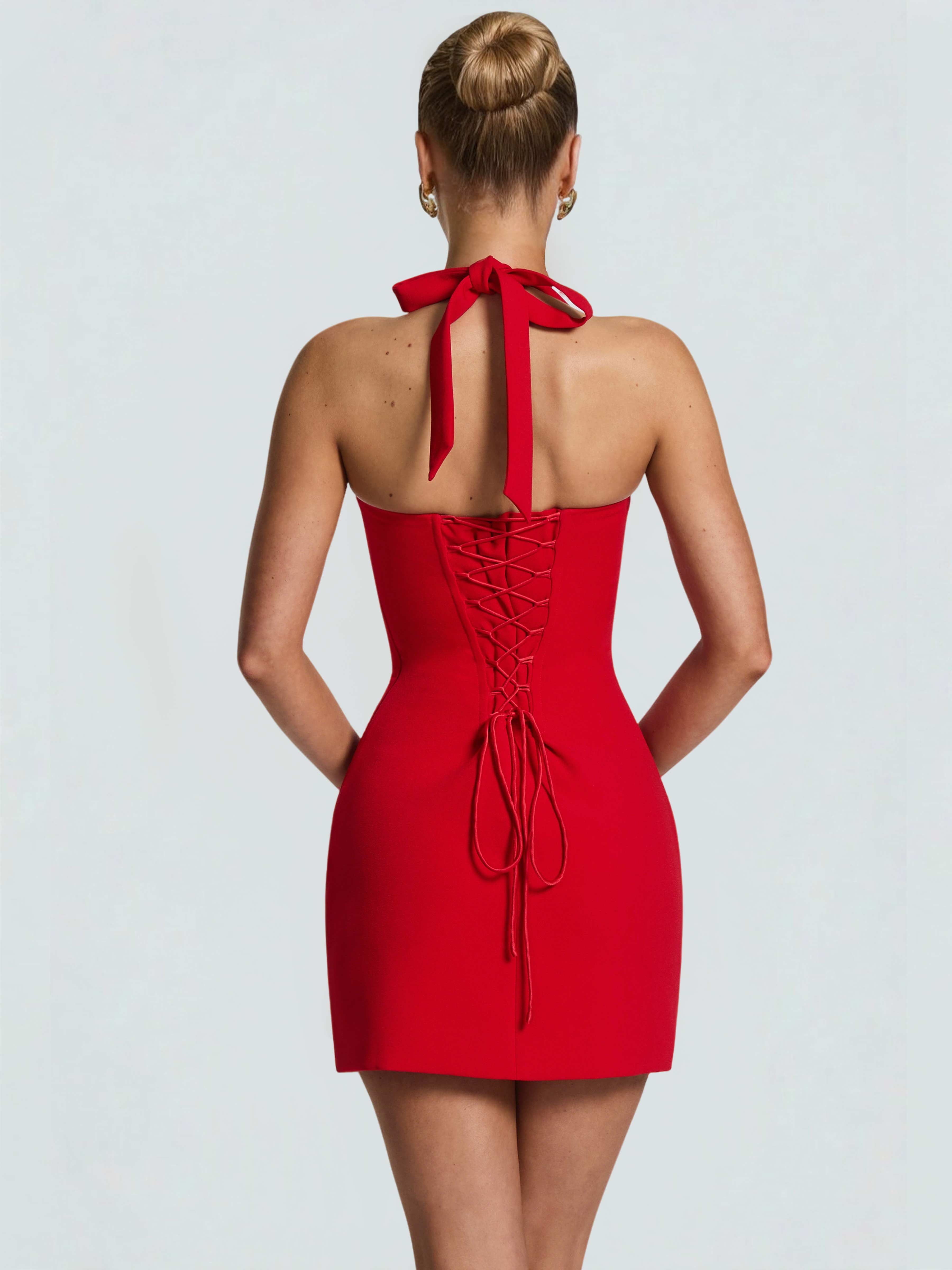 ROVDESY Halter Lace Satin Tight Homecoming Mini Dress