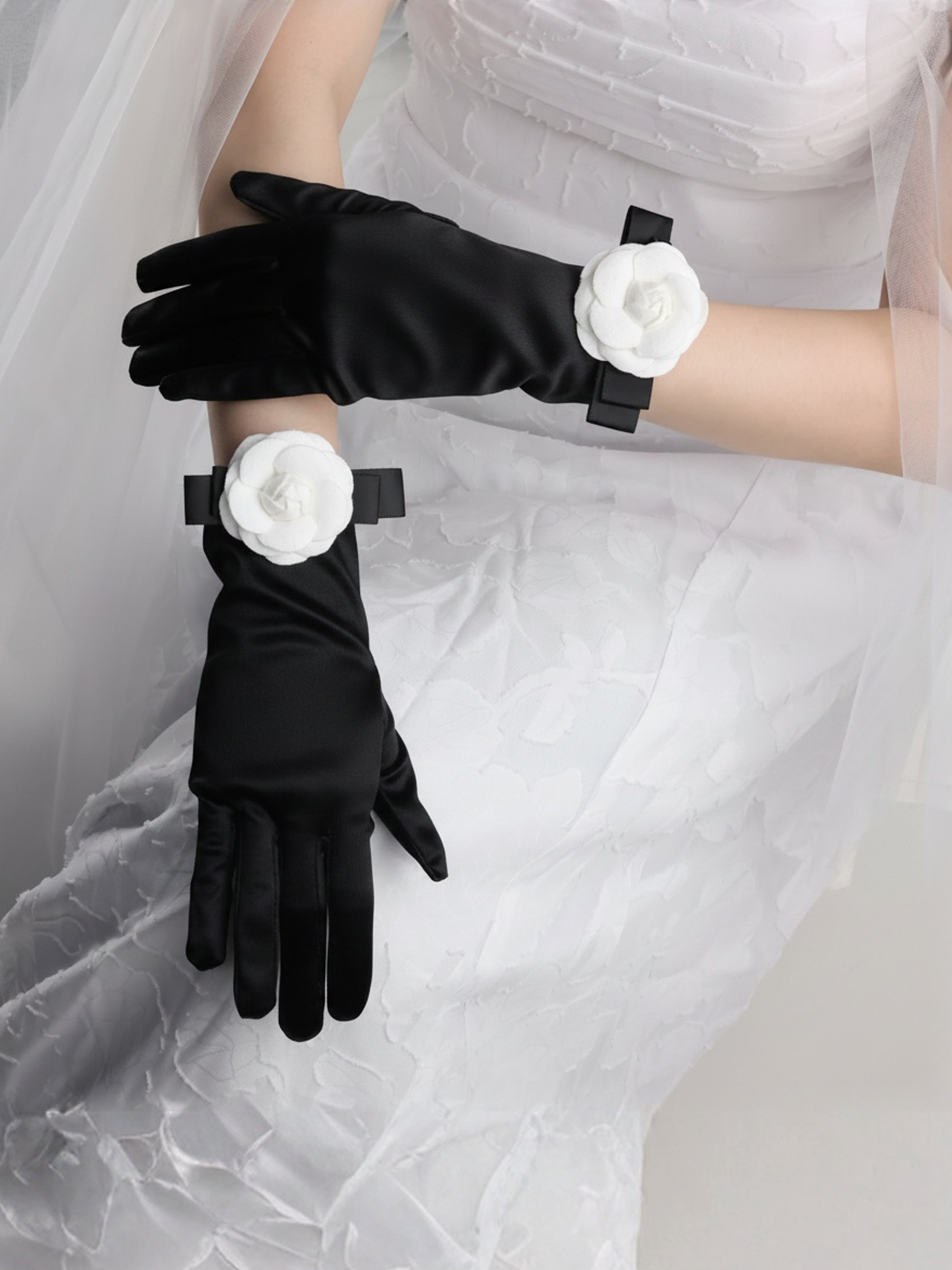 ROVDESY Black Satin Opera Gloves with White Camellia Flower Accent