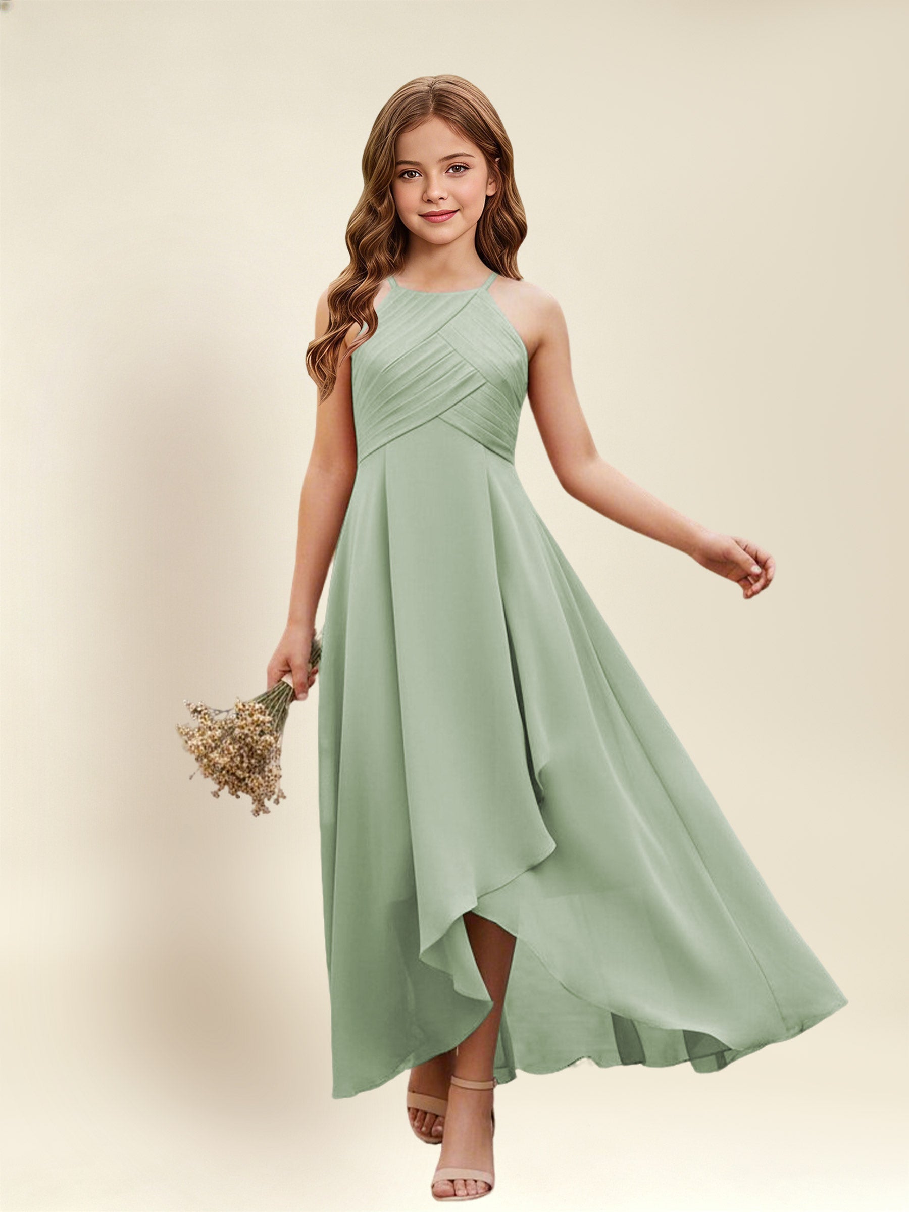 ROVDESY A-Line Halter Pleated Chiffon Junior Bridesmaid Dress
