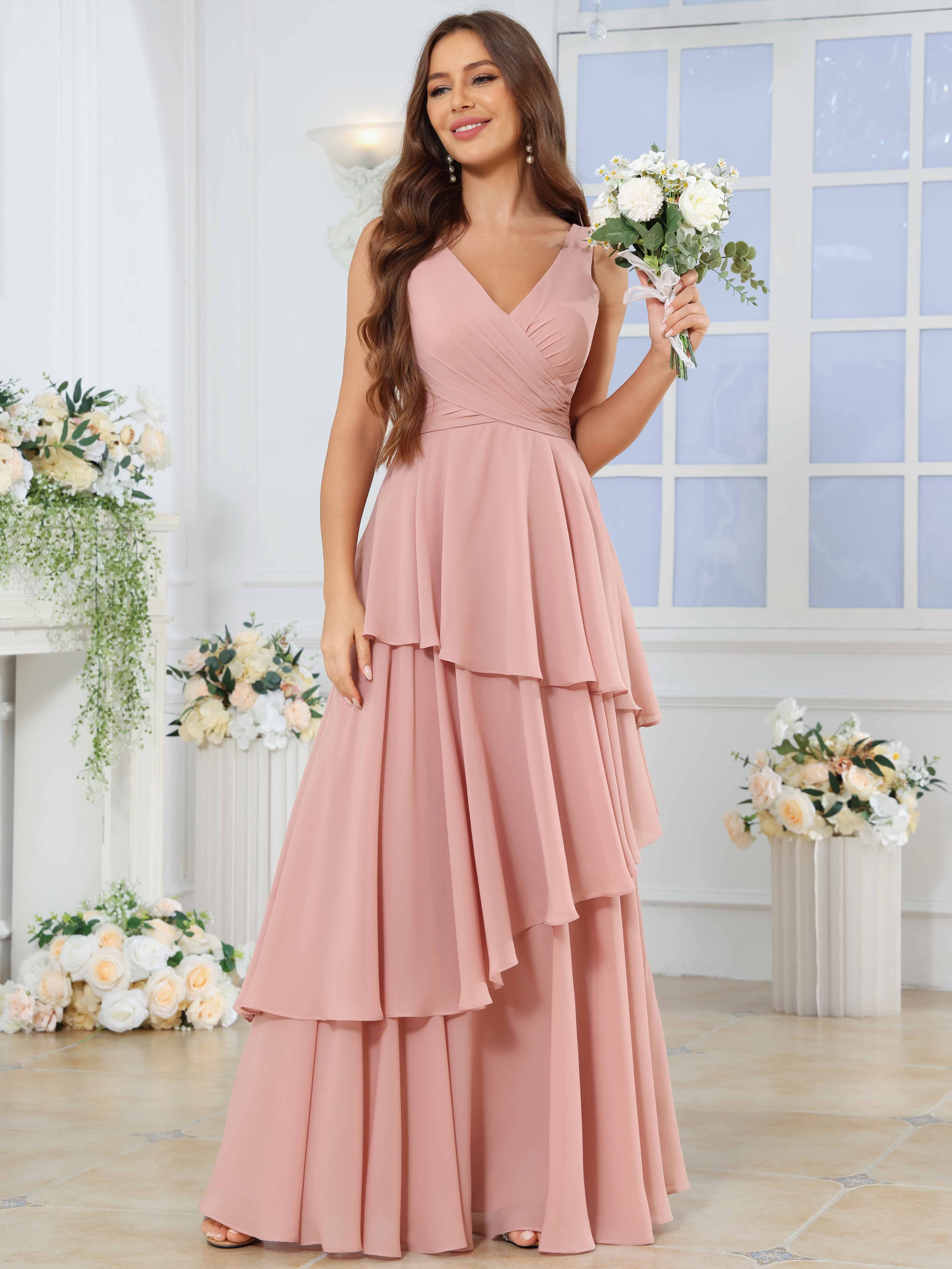 ROVDESY Long Sleeveless V-Neck Tiered Pleated Chiffon Bridesmaid Dress
