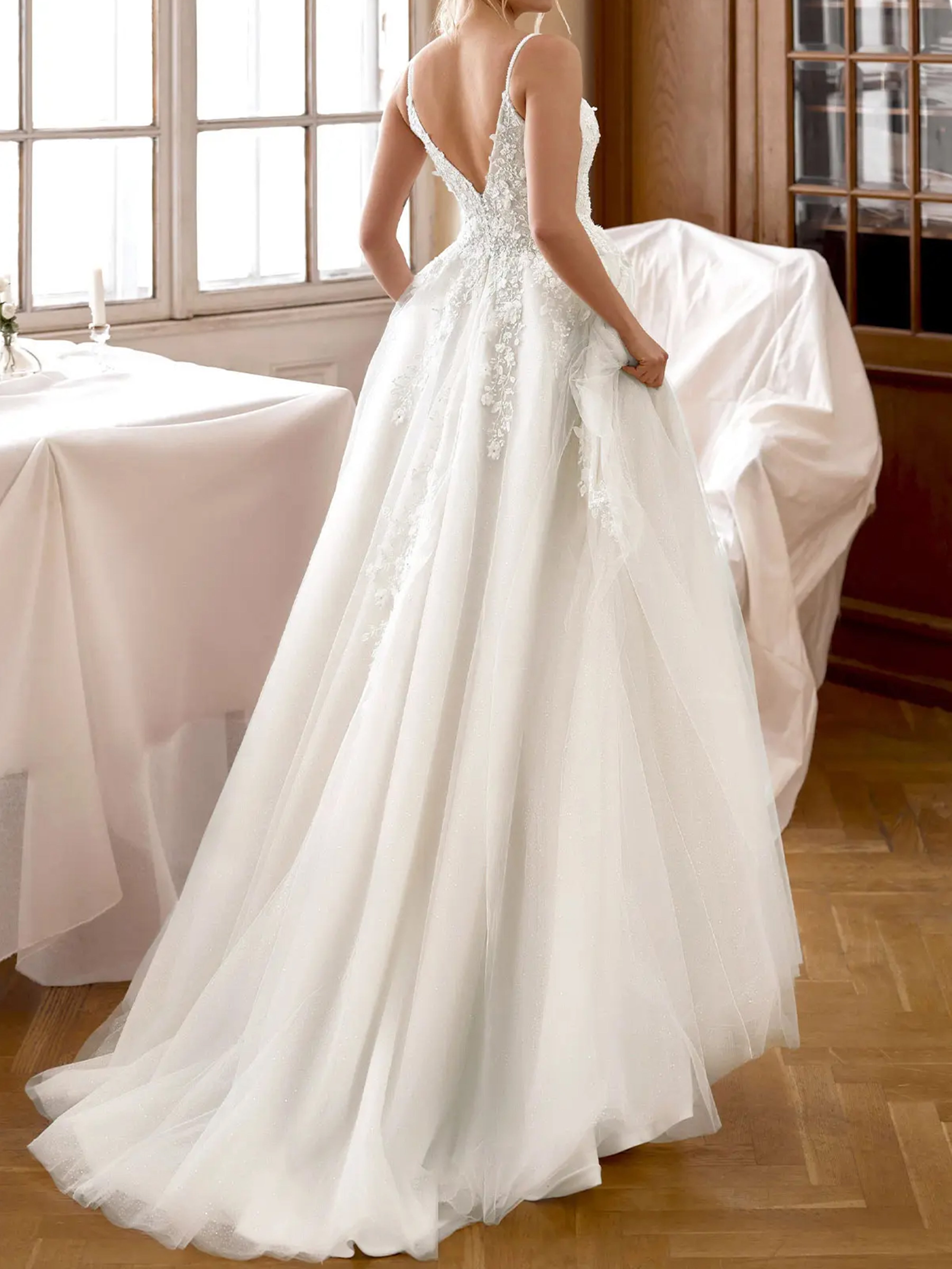 ROVDESY  Spaghetti Strap Deep V Neck Lace A-Line Wedding Dress Bridal Gown With Slit