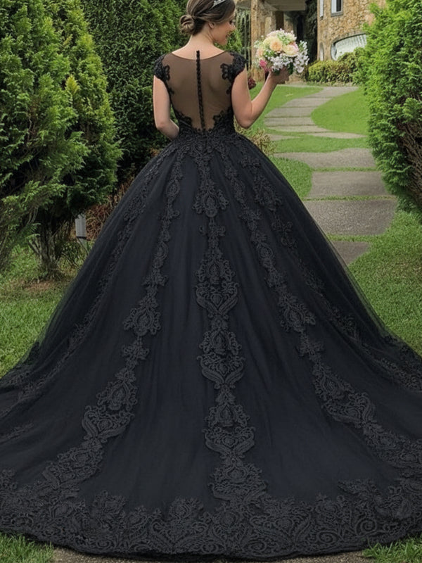 Cap Sleeve Illusion Lace Applique Ball Gown Wedding Dress for Bride