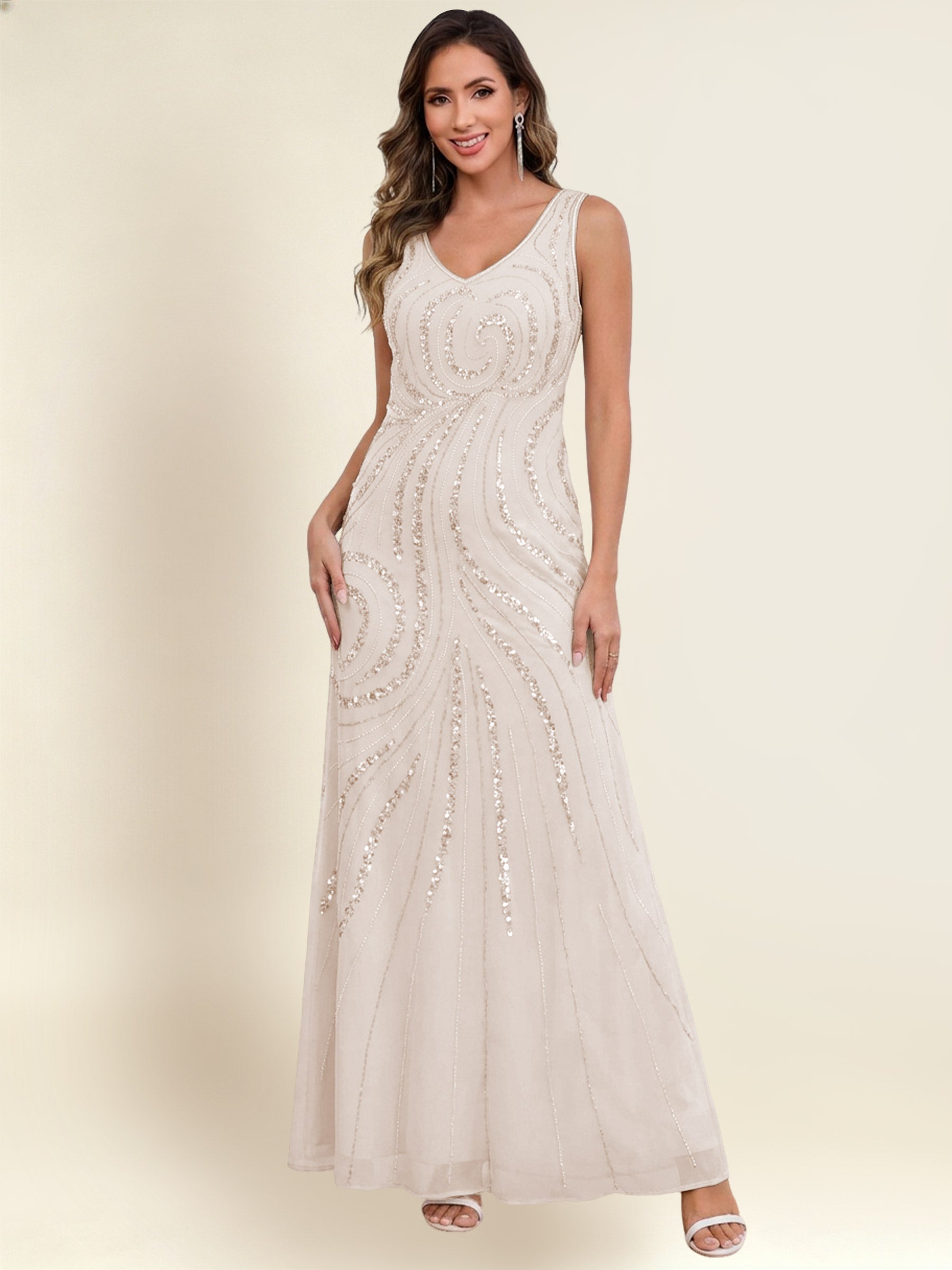 ROVDESY 2 Pieces V-Neck Sequin Chiffon Long Mother Of The Bride Dress With Long Sleeve Jacket