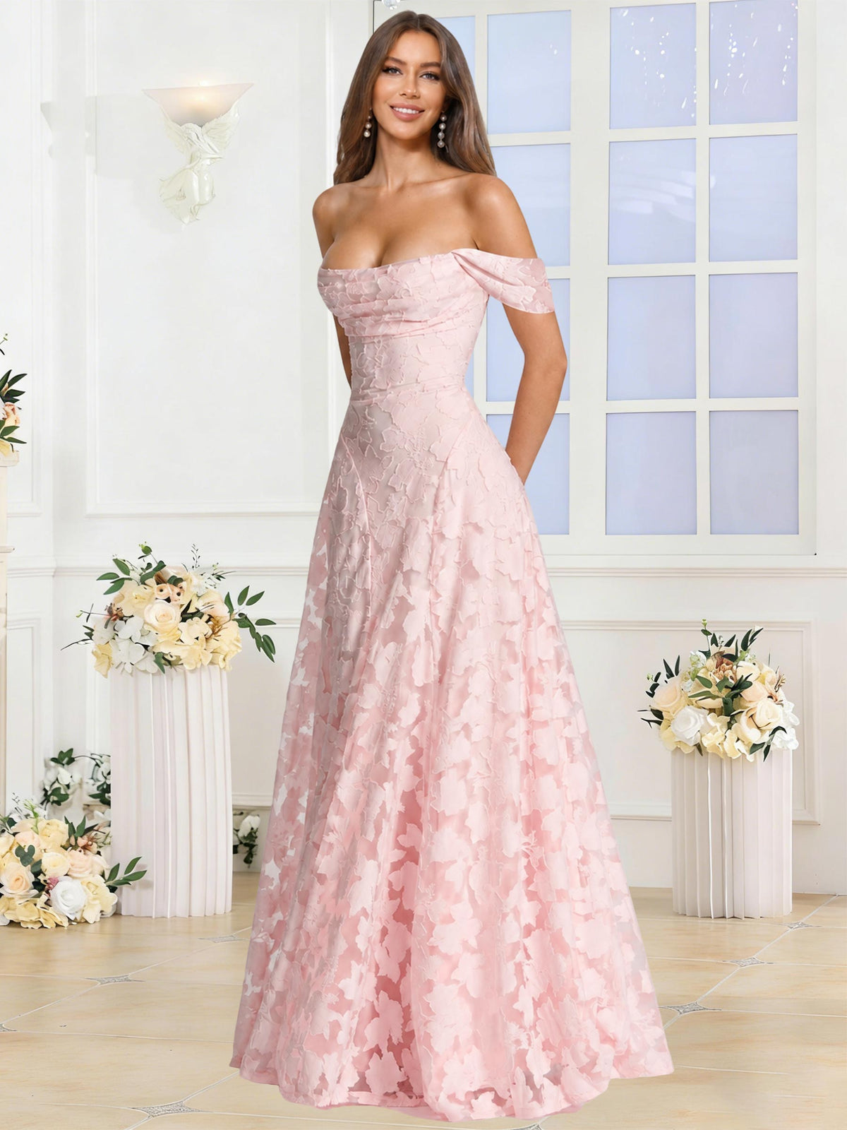 Off the Shoulder Floral Ruched A-line Bridesmaid Dress
