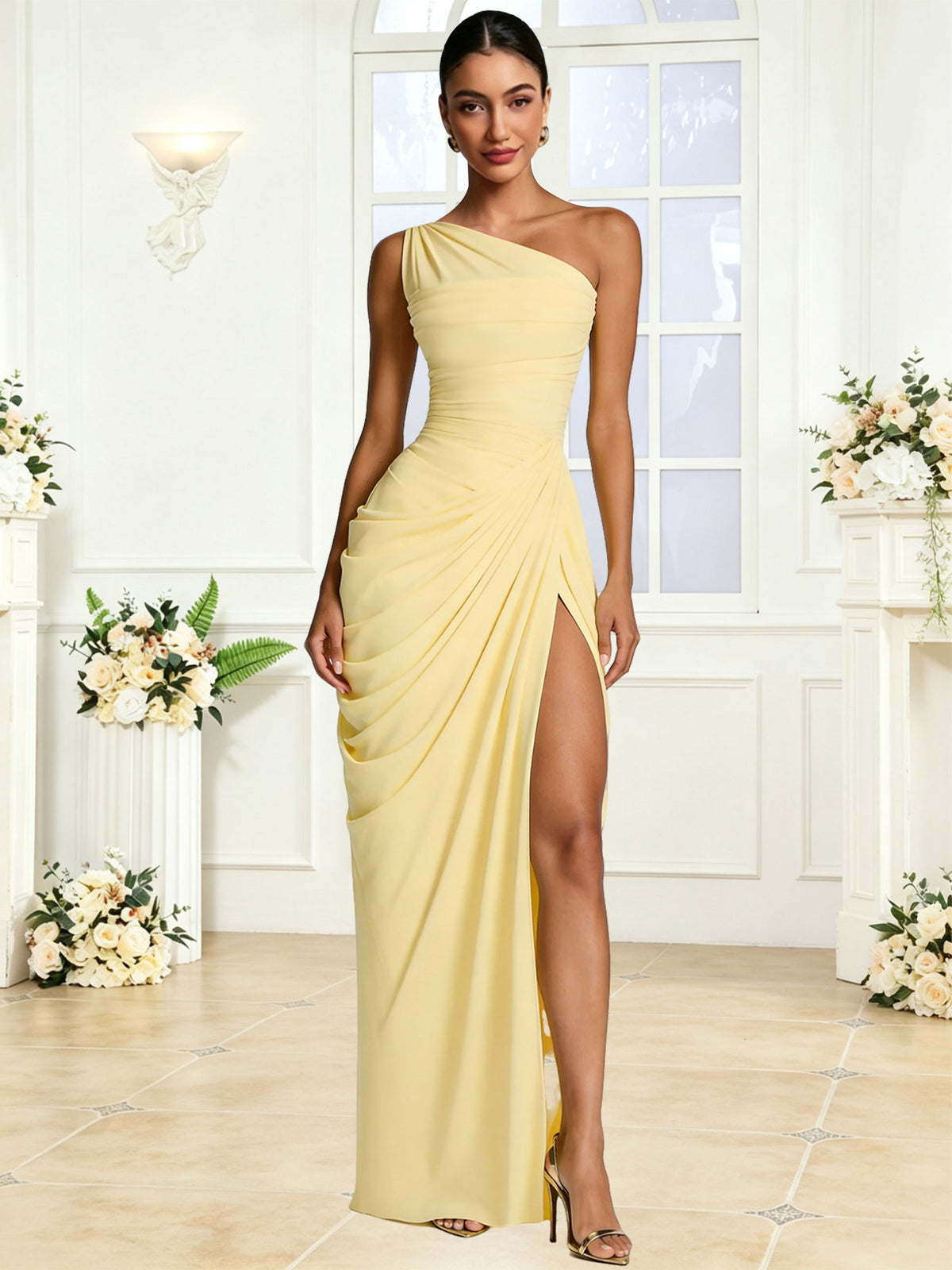 One Shoulder Chiffon Mermaid Long Bridesmaid Dress with Slit