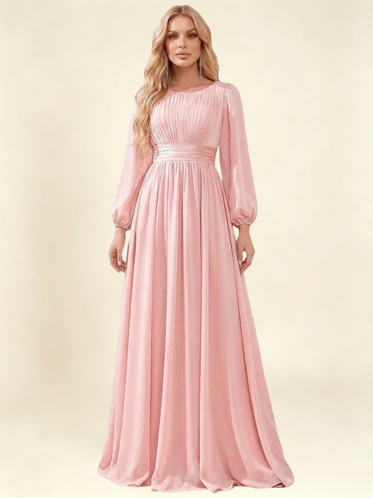 A-Line Pleated Long Chiffon Bridesmaid Dress With Long Sleeves