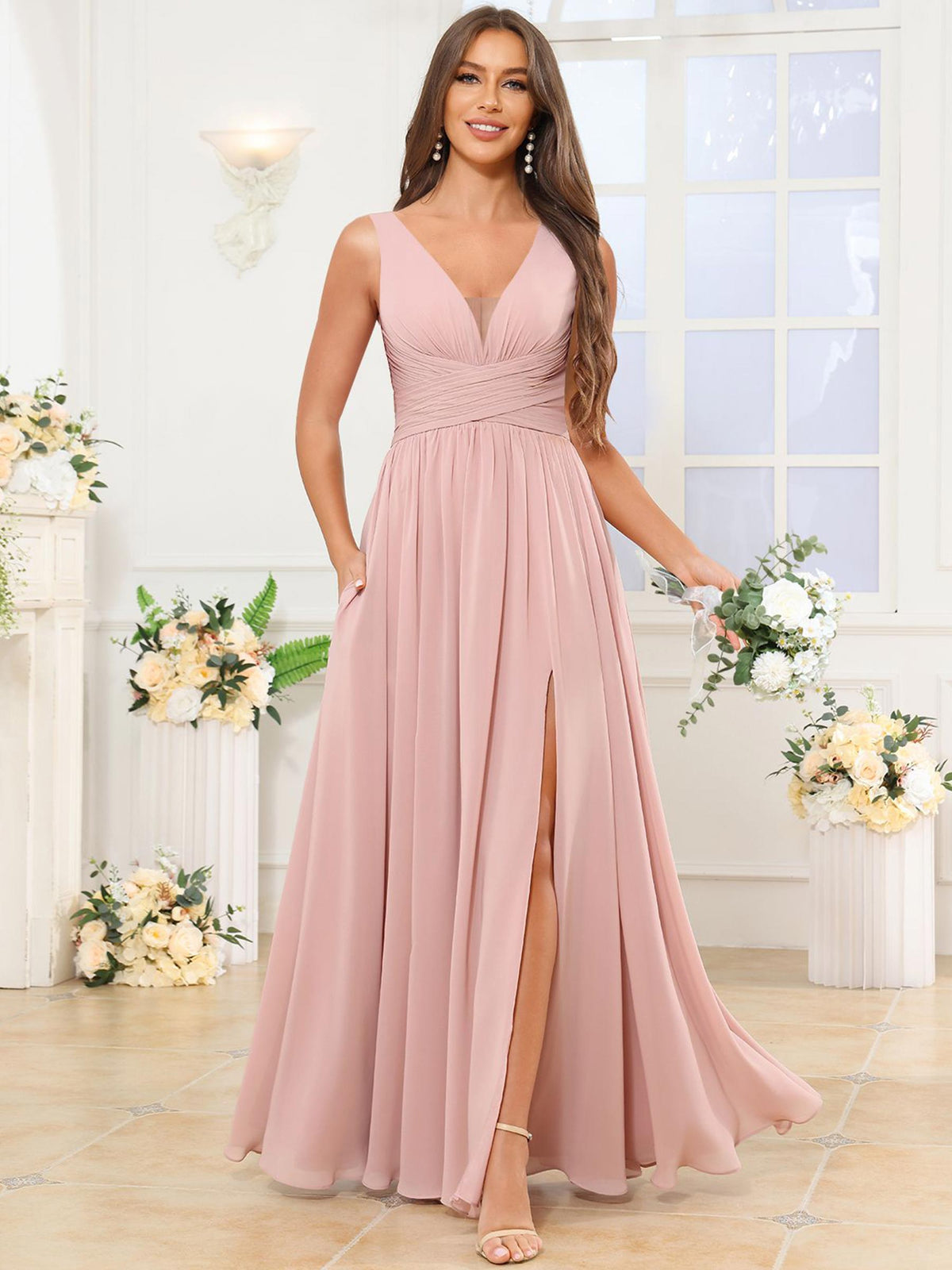 V Neck Chiffon A Line Bridesmaid Dress with Slit