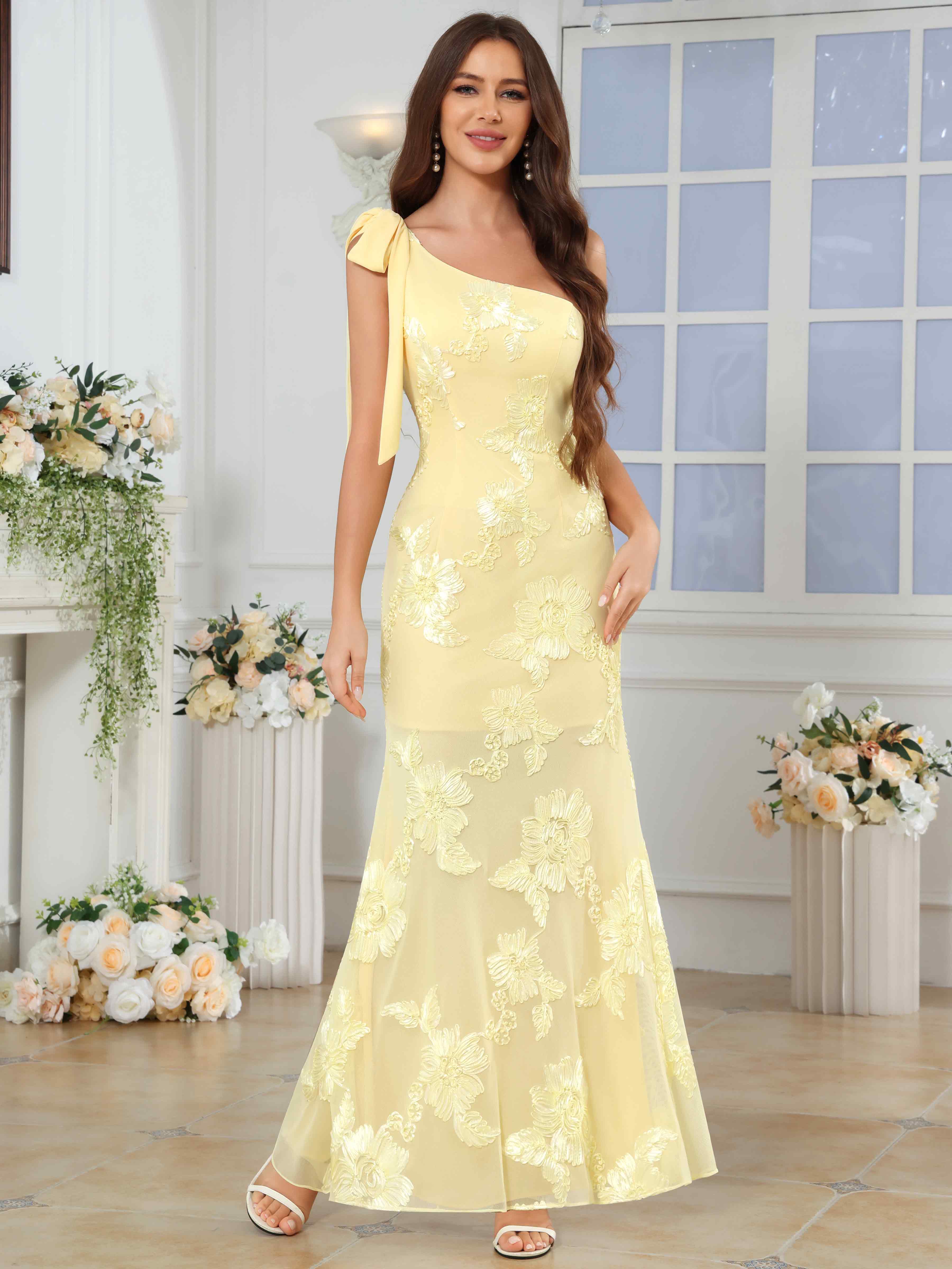 ROVDESY One-Shoulder Mermaid Floral Bridesmaid/Prom Dress