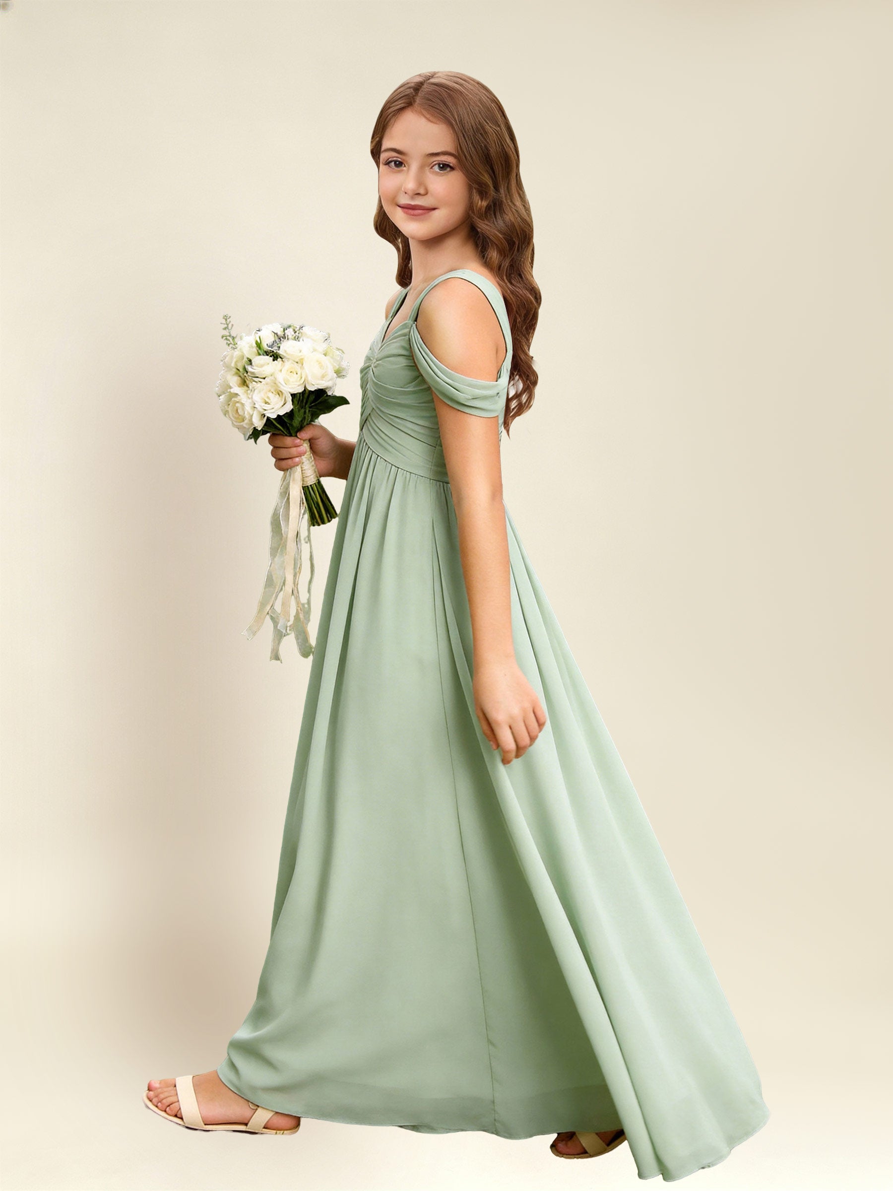 ROVDESY A-Line Off The Shoulder Pleated Chiffon Junior Bridesmaid Dress