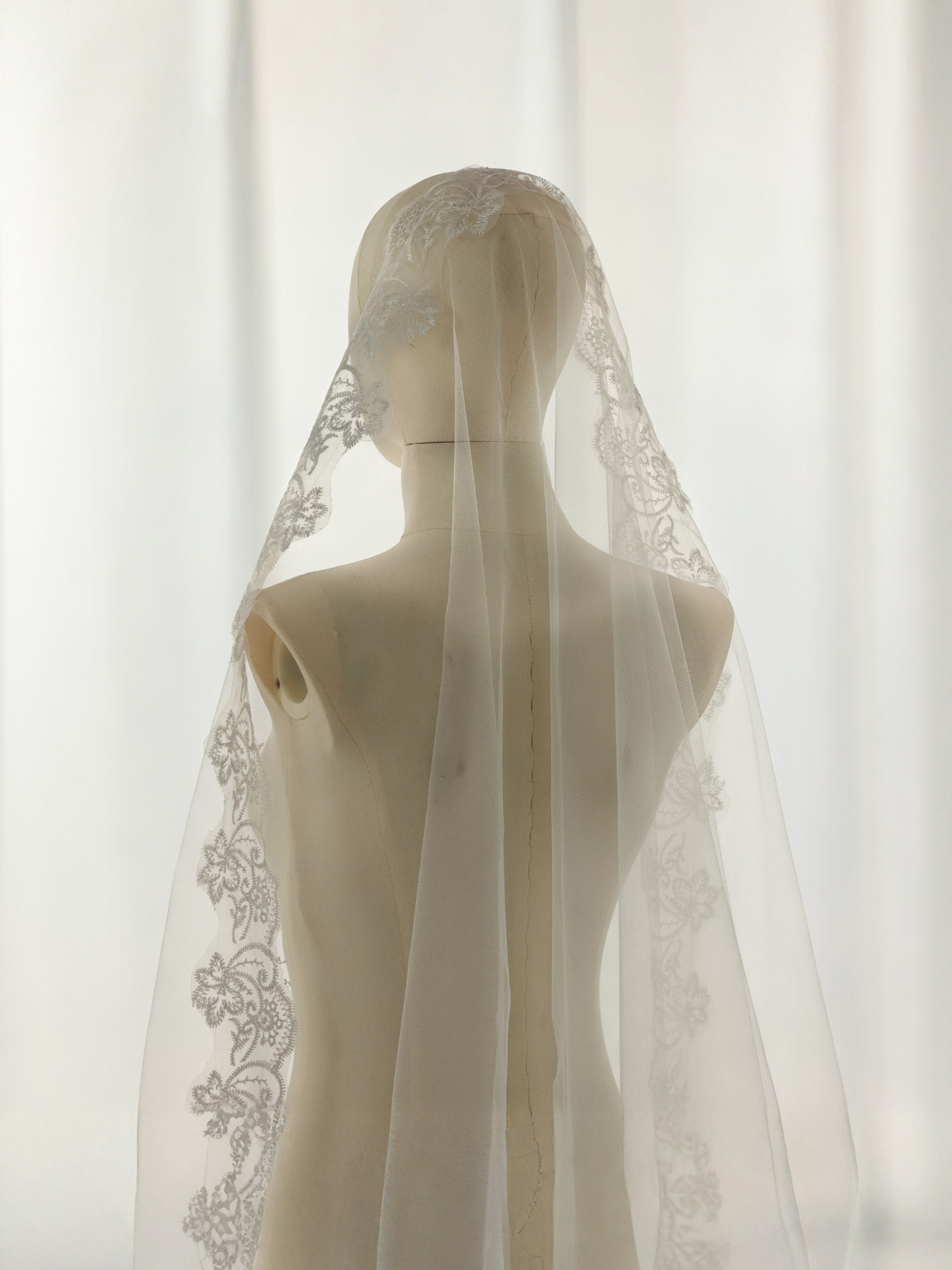 ROVDESY Single Tier Chapel Wedding Veil with Full Scalloped Floral Lace Edge