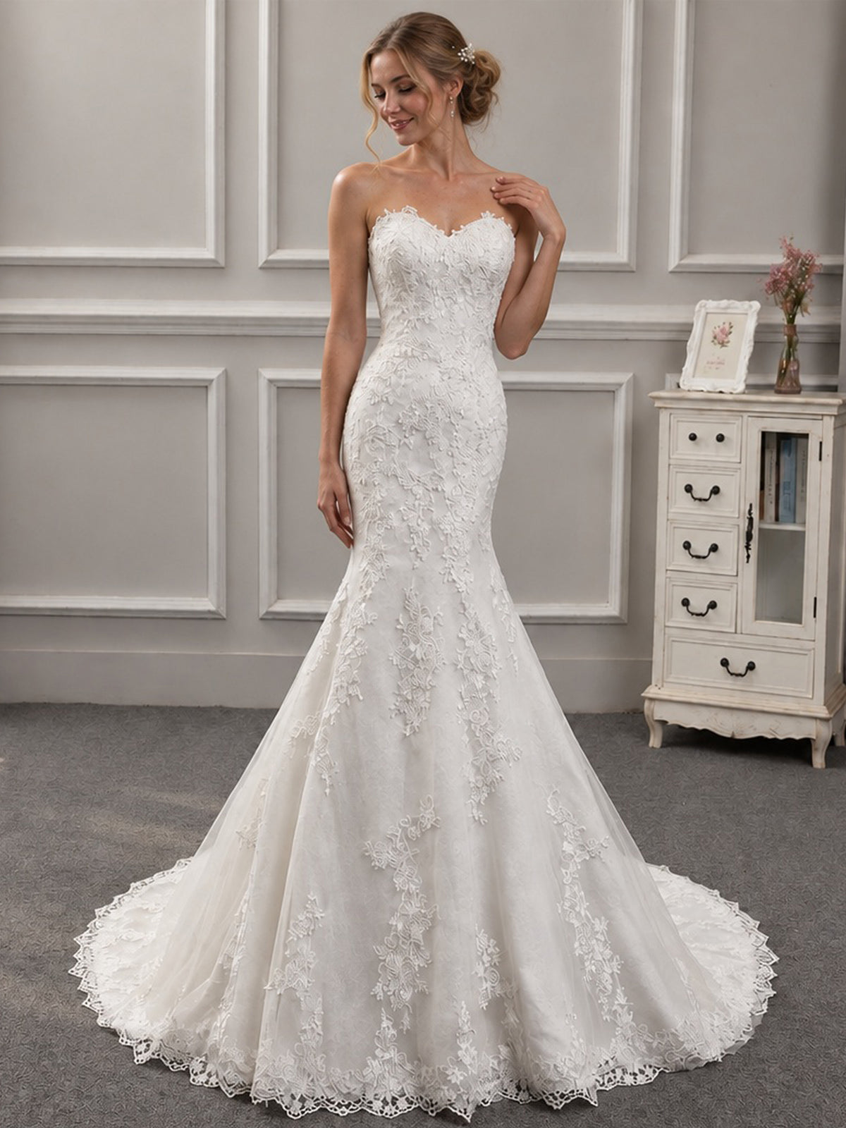 Strapless Sweetheart Lace Mermaid Wedding Dress with Corset Back