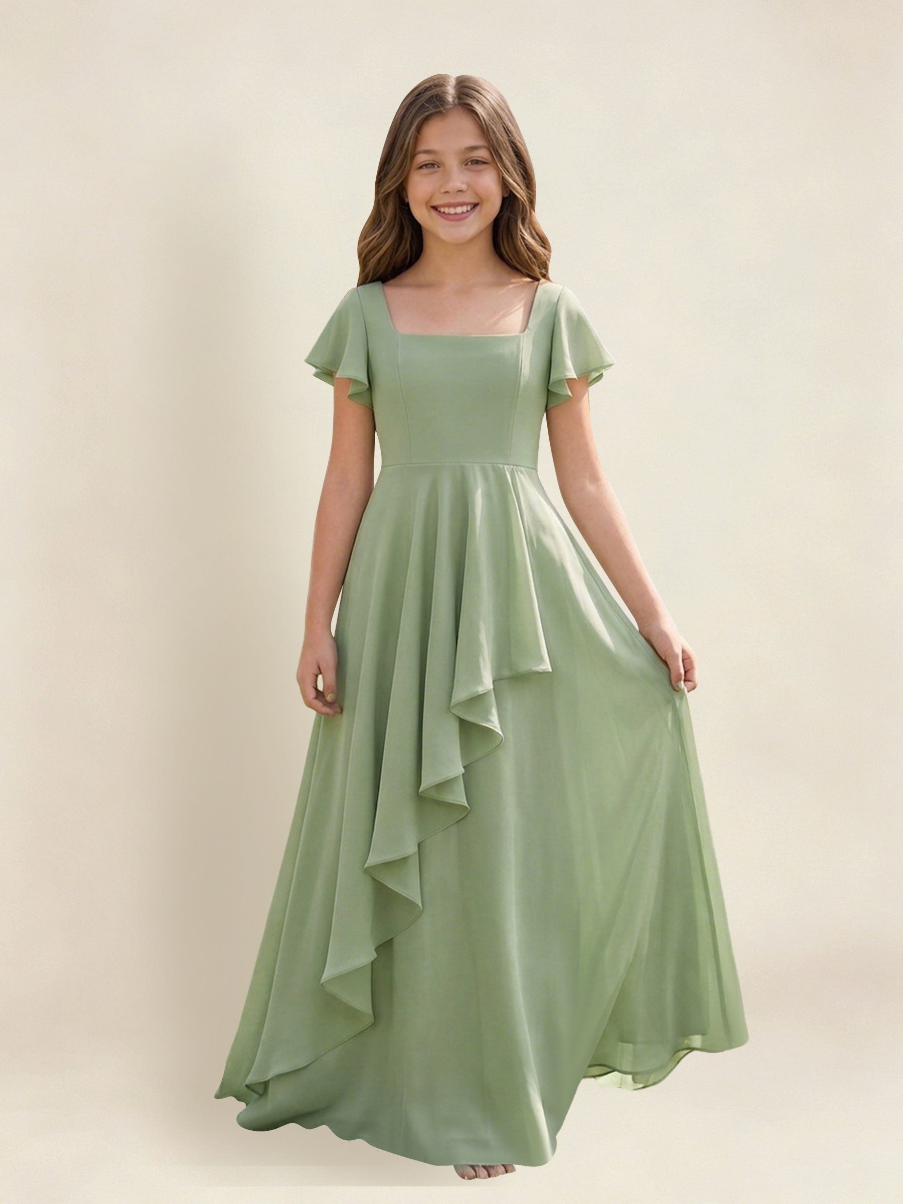 ROVDESY A-Line Square Neck Ruffle Chiffon Junior Bridesmaid Dress With Short Sleeves