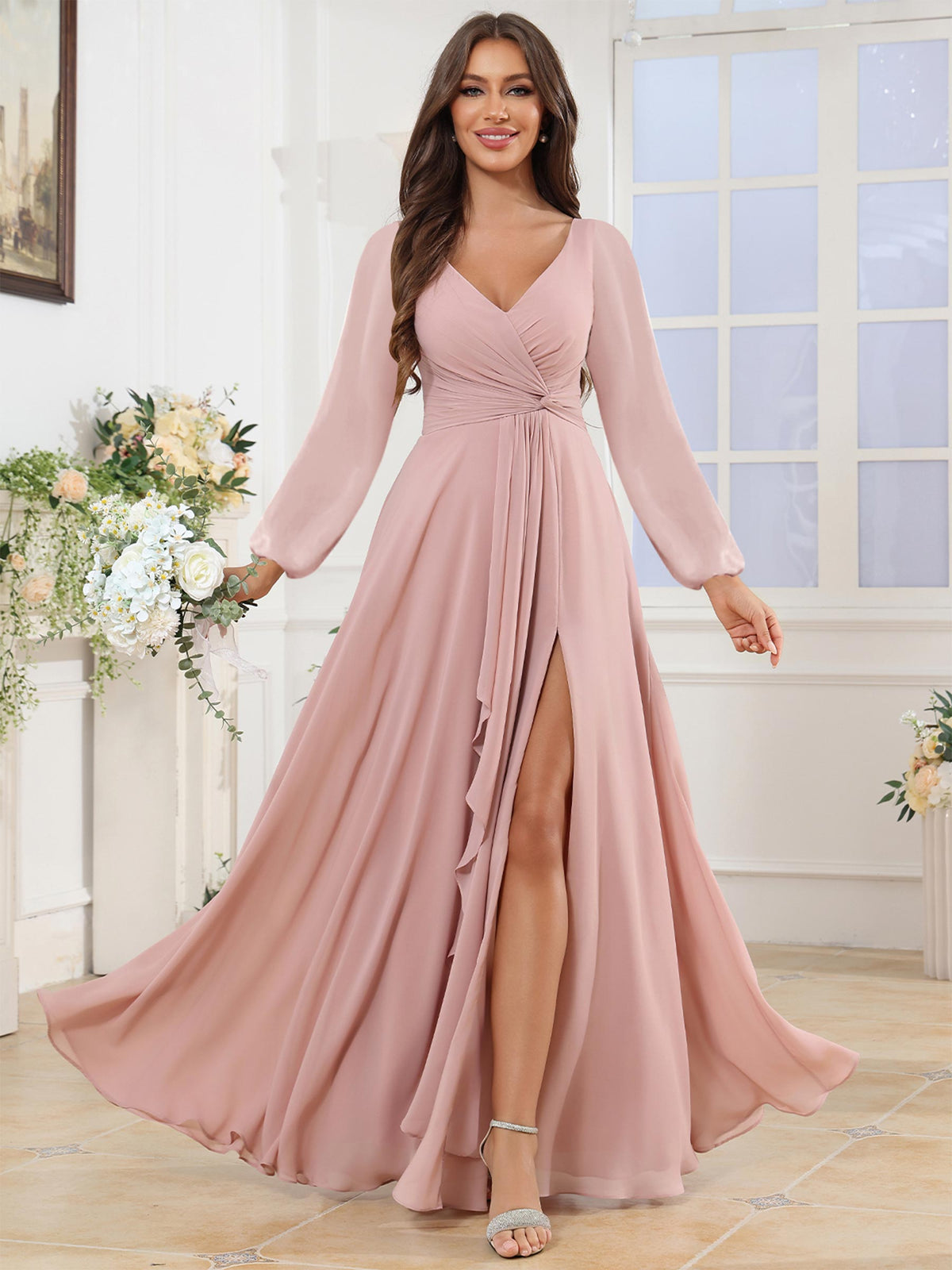 V Neck Chiffon Long Sleeve Bridesmaid Dresses with Slit
