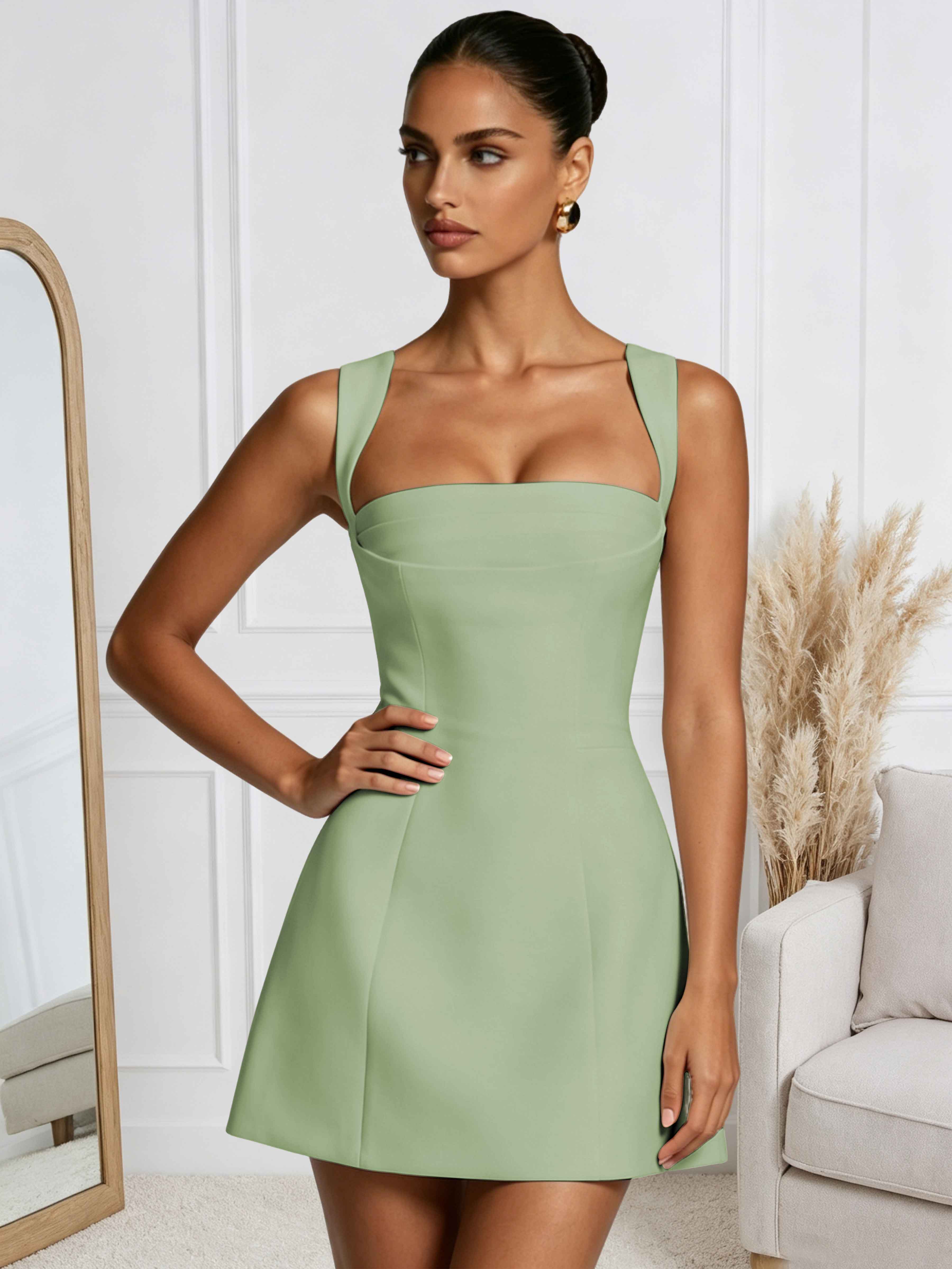 ROVDESY A-Line Square Neck Satin Homecoming Mini Dress