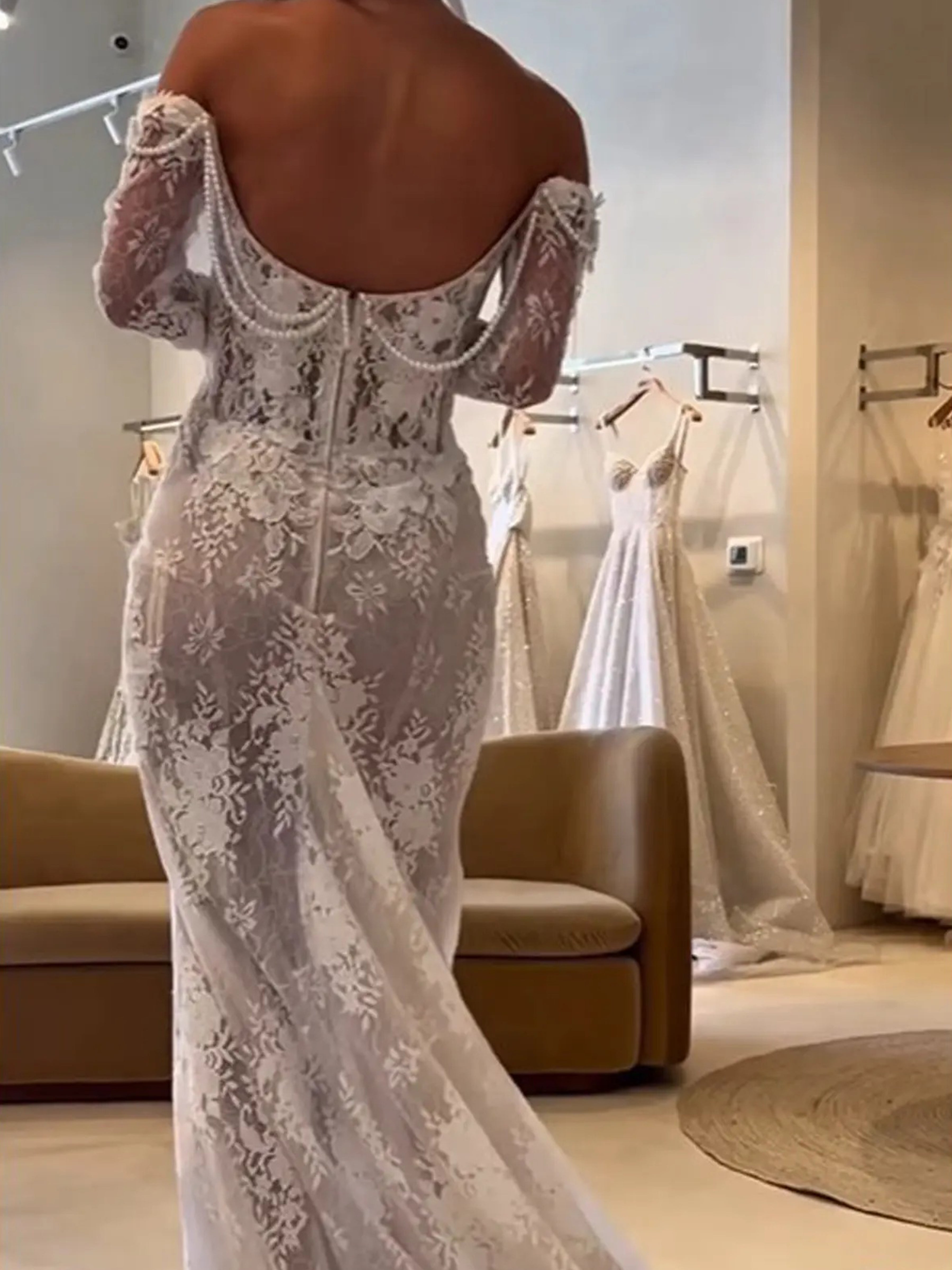 ROVDESY  Off The Shoulder Long Sleeve Floral Lace Mermaid Wedding Dress Bridal Gown