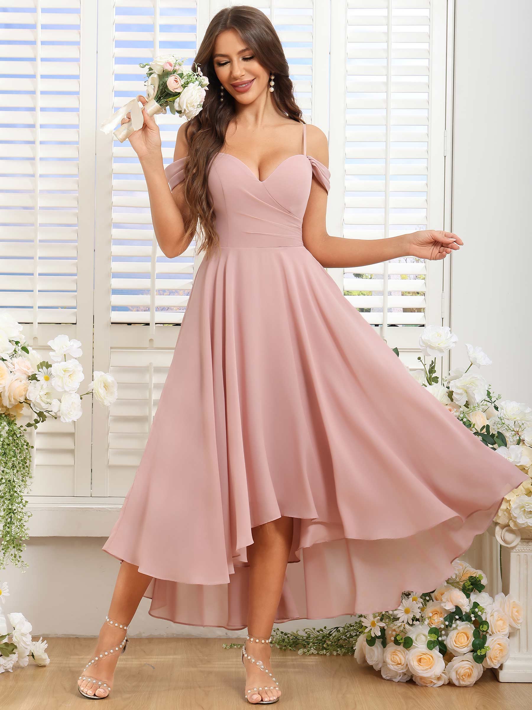 ROVDESY ROVDESY Short Cold Shoulder Sweetheart High Low Pleated Chiffon Bridesmaid Dress