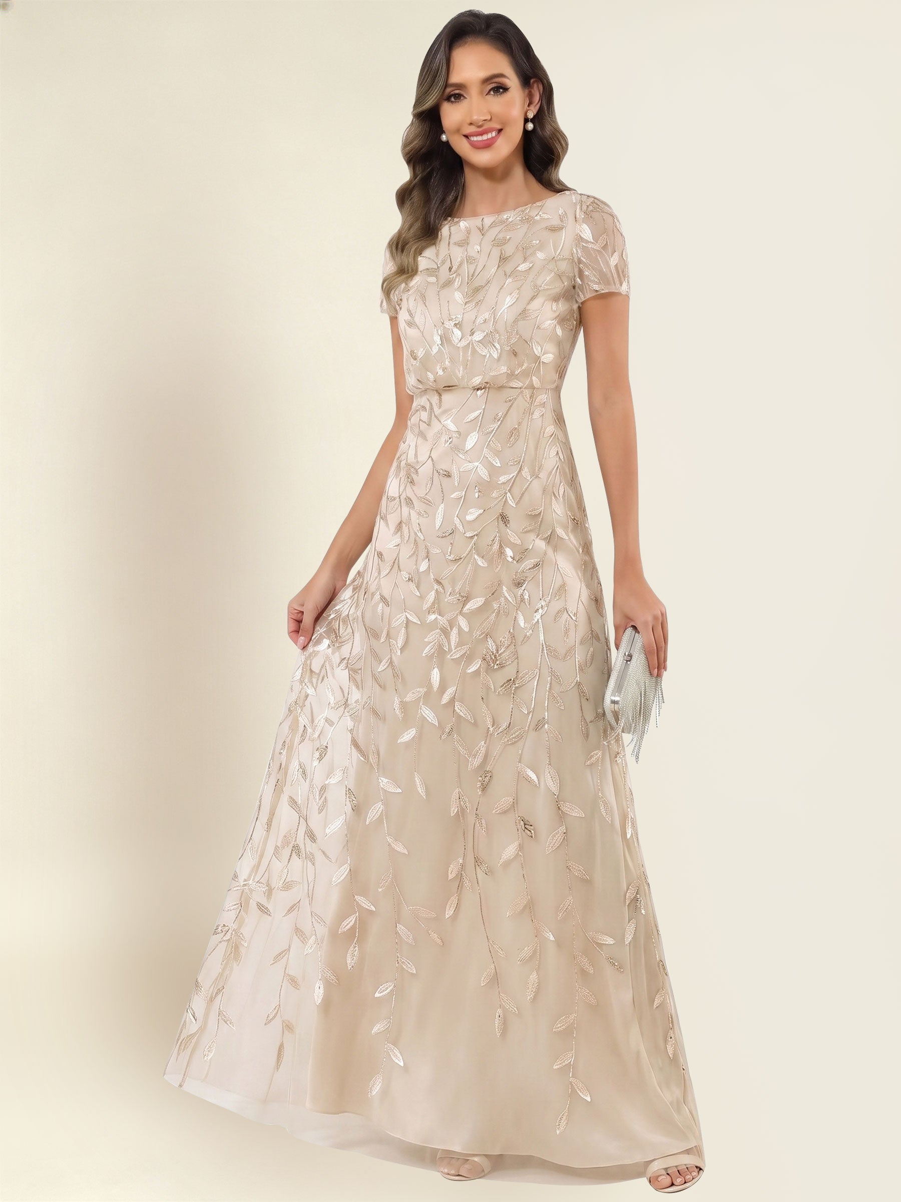 ROVDESY Sequin Mermaid Long Mother Of The Bride Dress With Short Sleeves Formal Gown