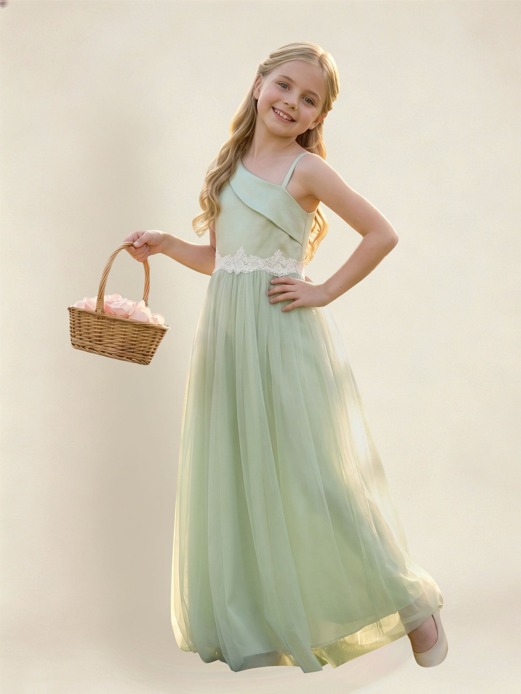 ROVDESY Asymmetric One Shoulder  Satin  Tulle Junior Bridesmaid Dress