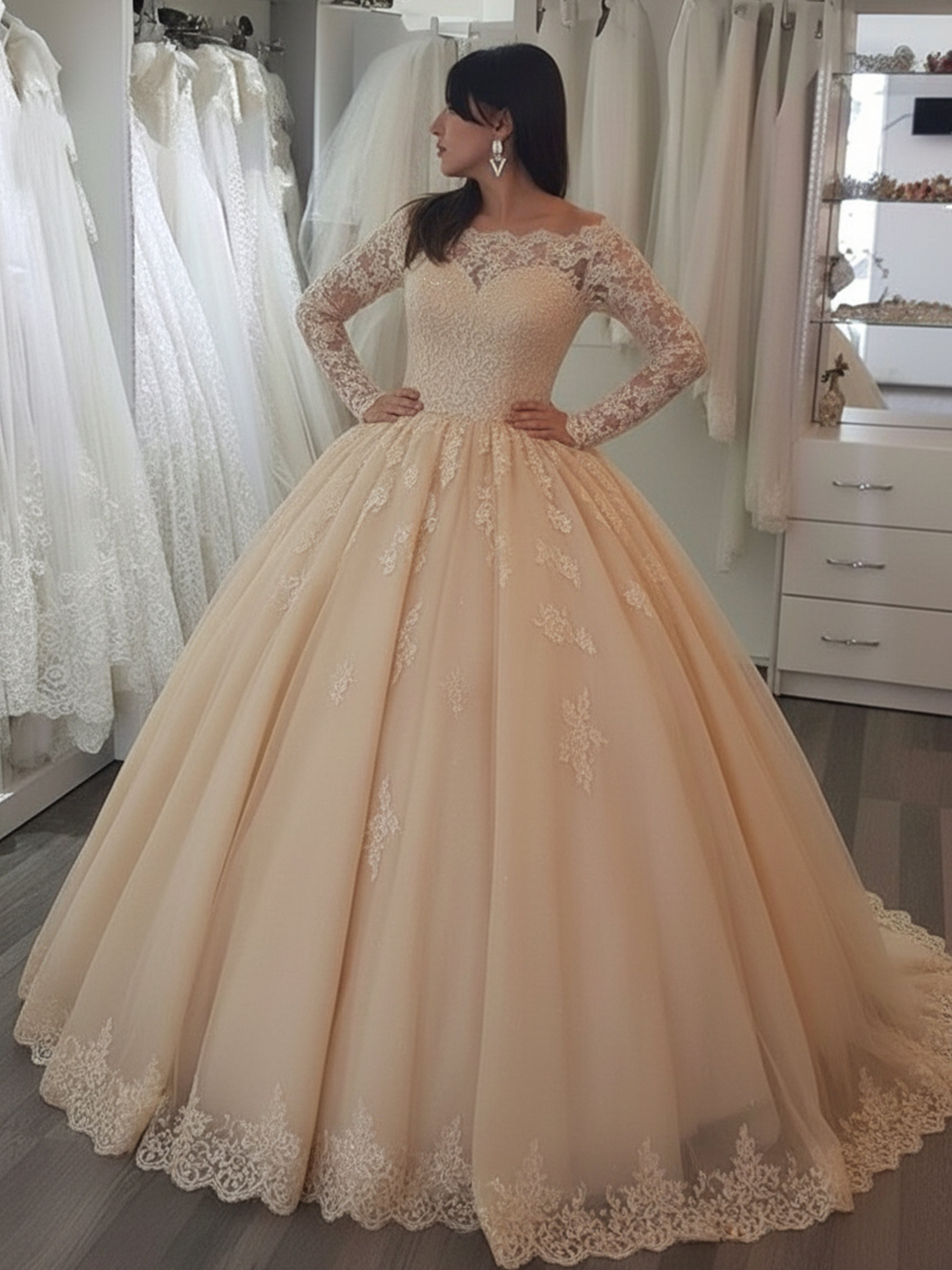 ROVDESY Off The Shoulder Long Sleeve Lace Ball Gown Wedding Dress Bridal Gown