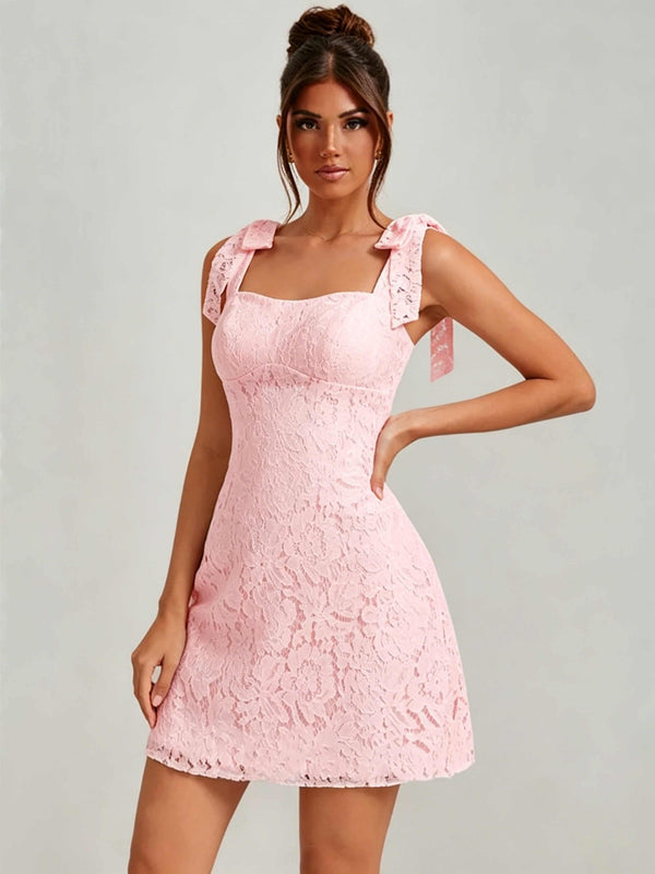 Bow Tie Spaghetti Strap A-Line  Floral Lace Mini Dress