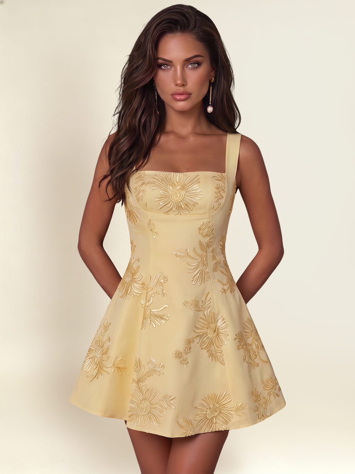 ROVDESY A-Line Square Neck Floral Embroidery Homecoming Mini Dress With Bow