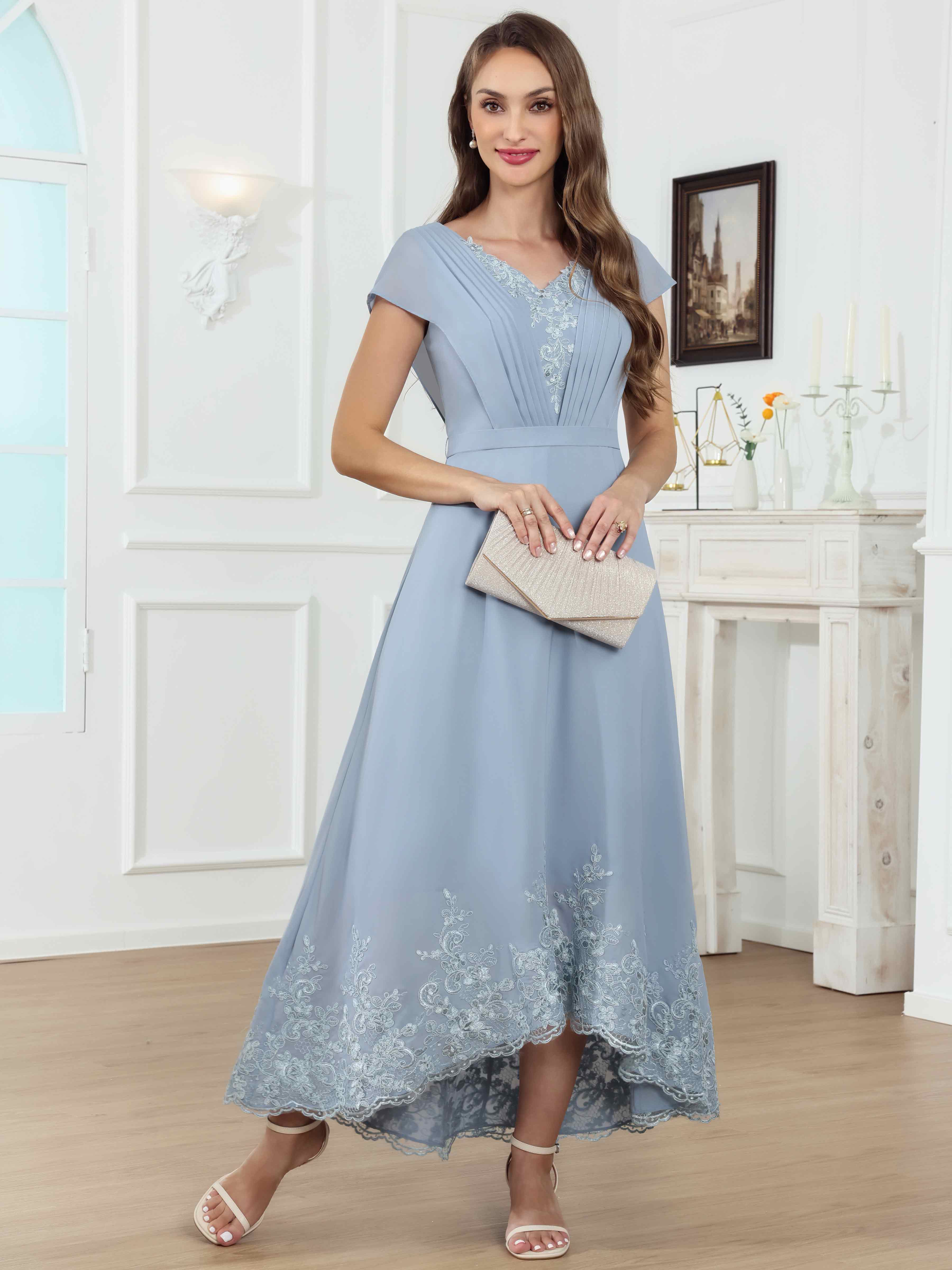 ROVDESY Tea Length High-Low V-Neck Ruched Lace Chiffon Mother of The Bride Dress for Women