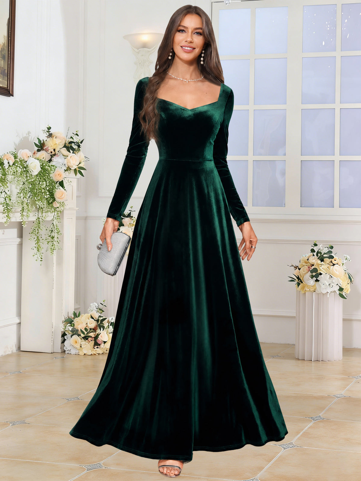 Velvet A Line Long Sleeve Bridesmaid Dresses