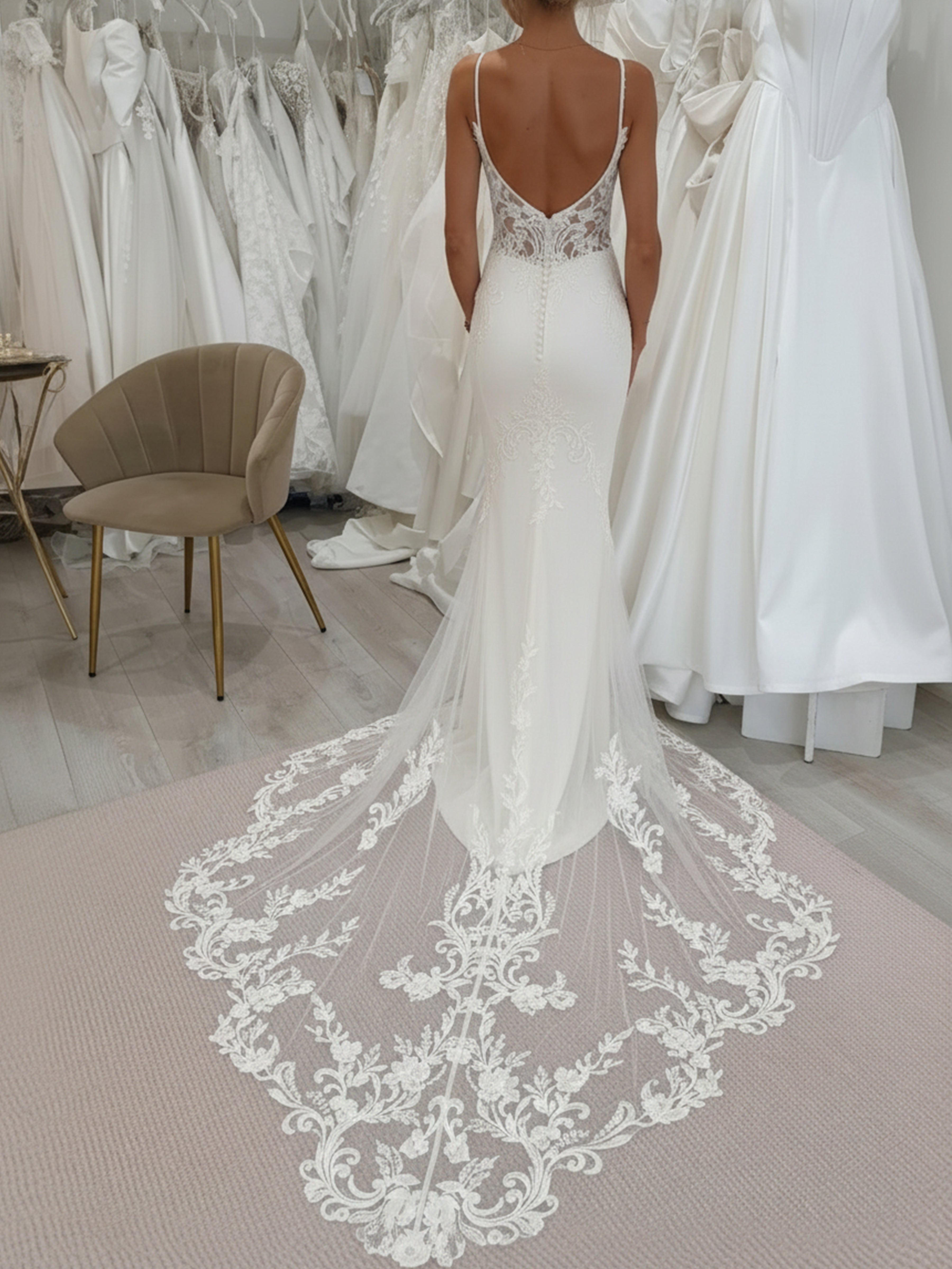 ROVDESY Spaghetti Straps Deep V Neck Lace Mermaid Wedding Dress Bridal Gown