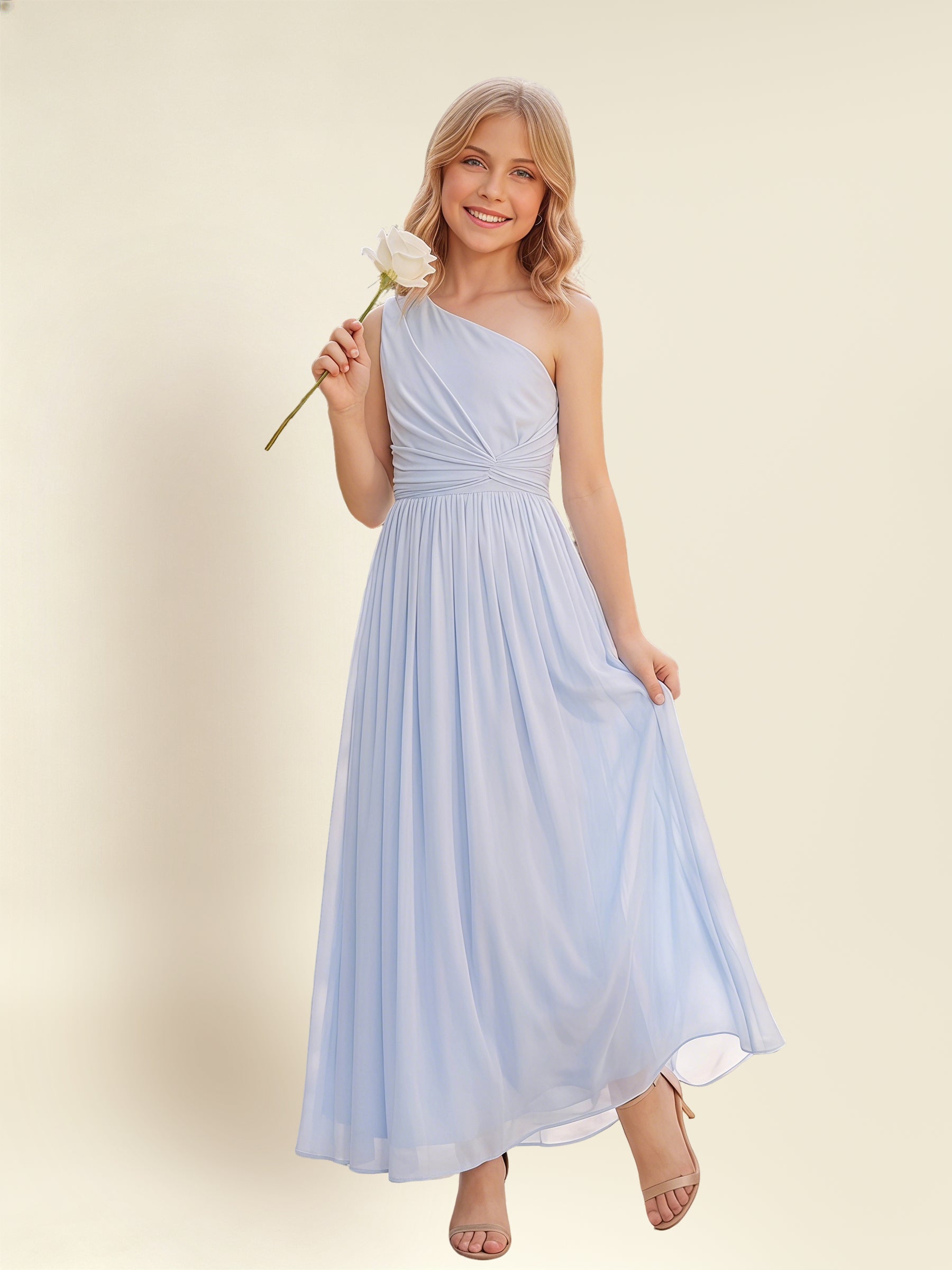 ROVDESY One Shoulder Twist Waist Chiffon Junior Bridesmaid Maxi Dress