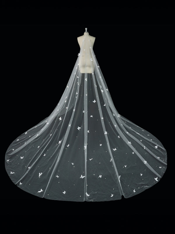 Cathedral Length Wedding Veil with 3D Butterflies & Pearl Accents