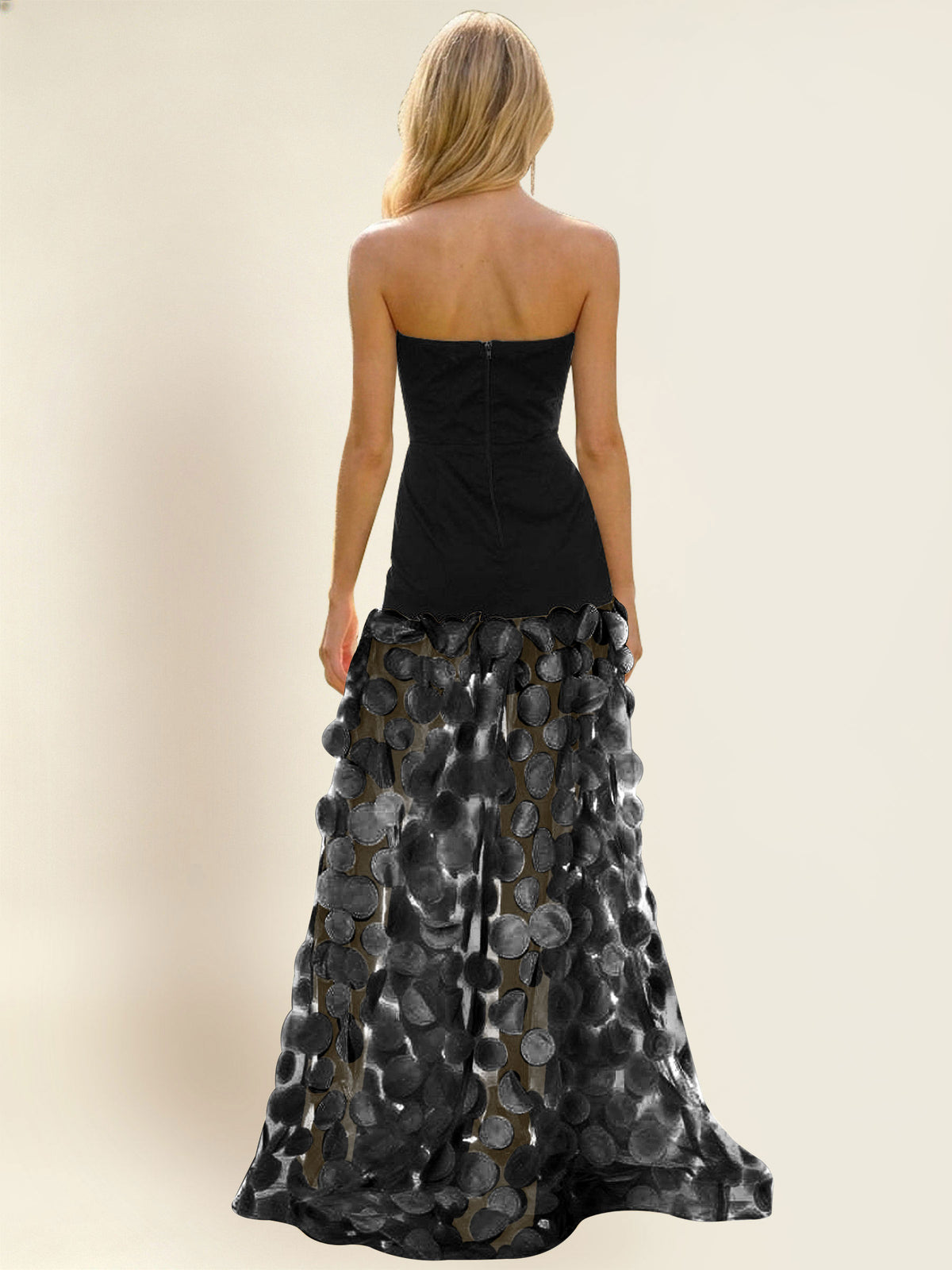 Strapless Contrast 3D Circle Applique Maxi Evening Gown