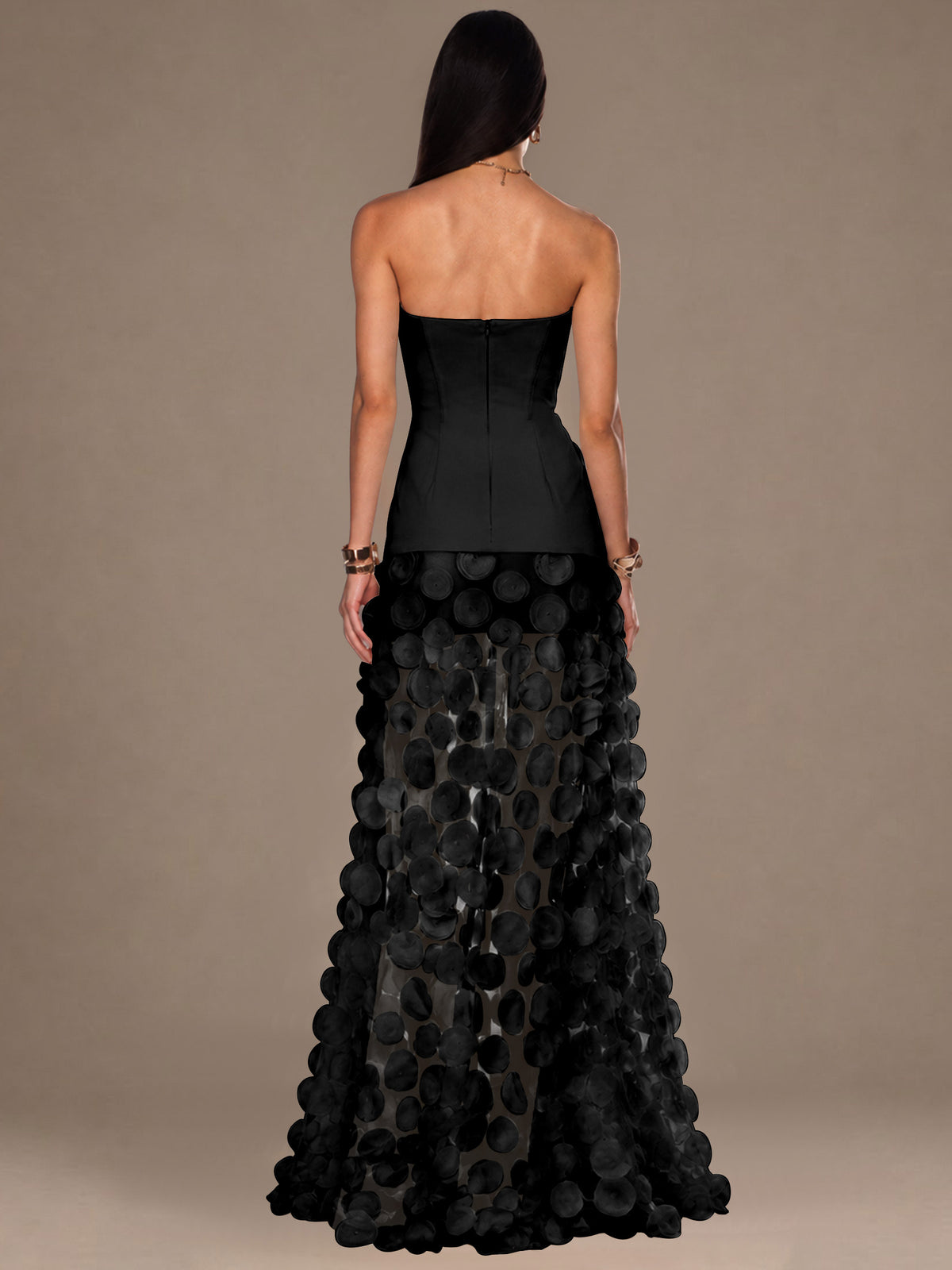 Strapless Contrast 3D Circle Applique Maxi Evening Gown